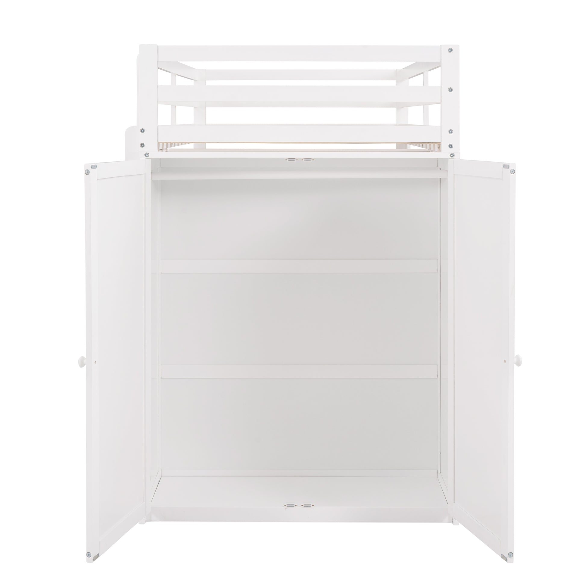 White wooden loft bed with open wardrobe doors and shelves