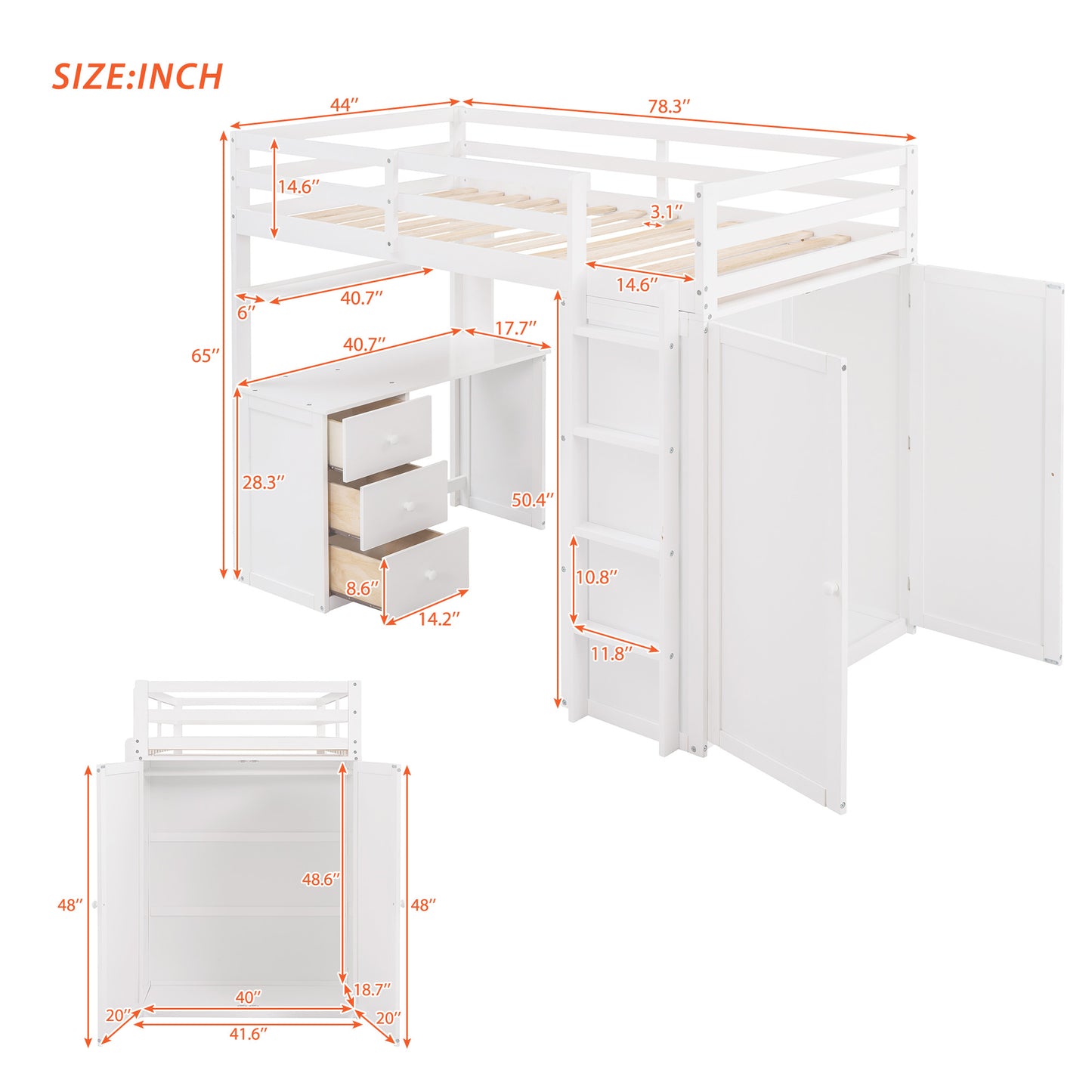 White loft bed with integrated desk and drawers  wide upper bunk
