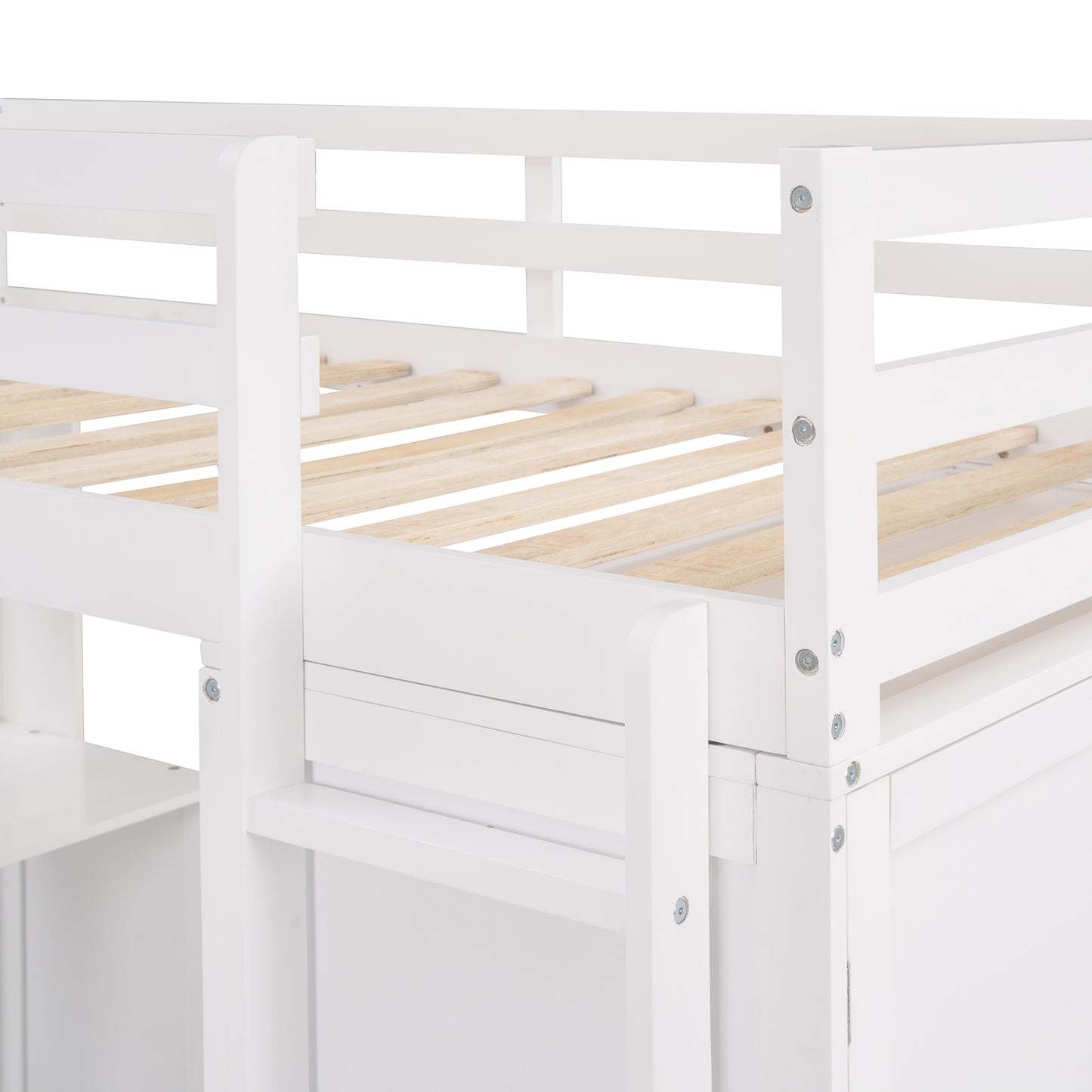 White wooden loft bed frame with slatted base and ladder detail