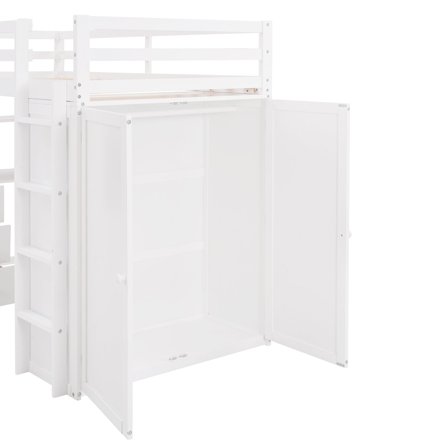 White wooden loft bed with open wardrobe