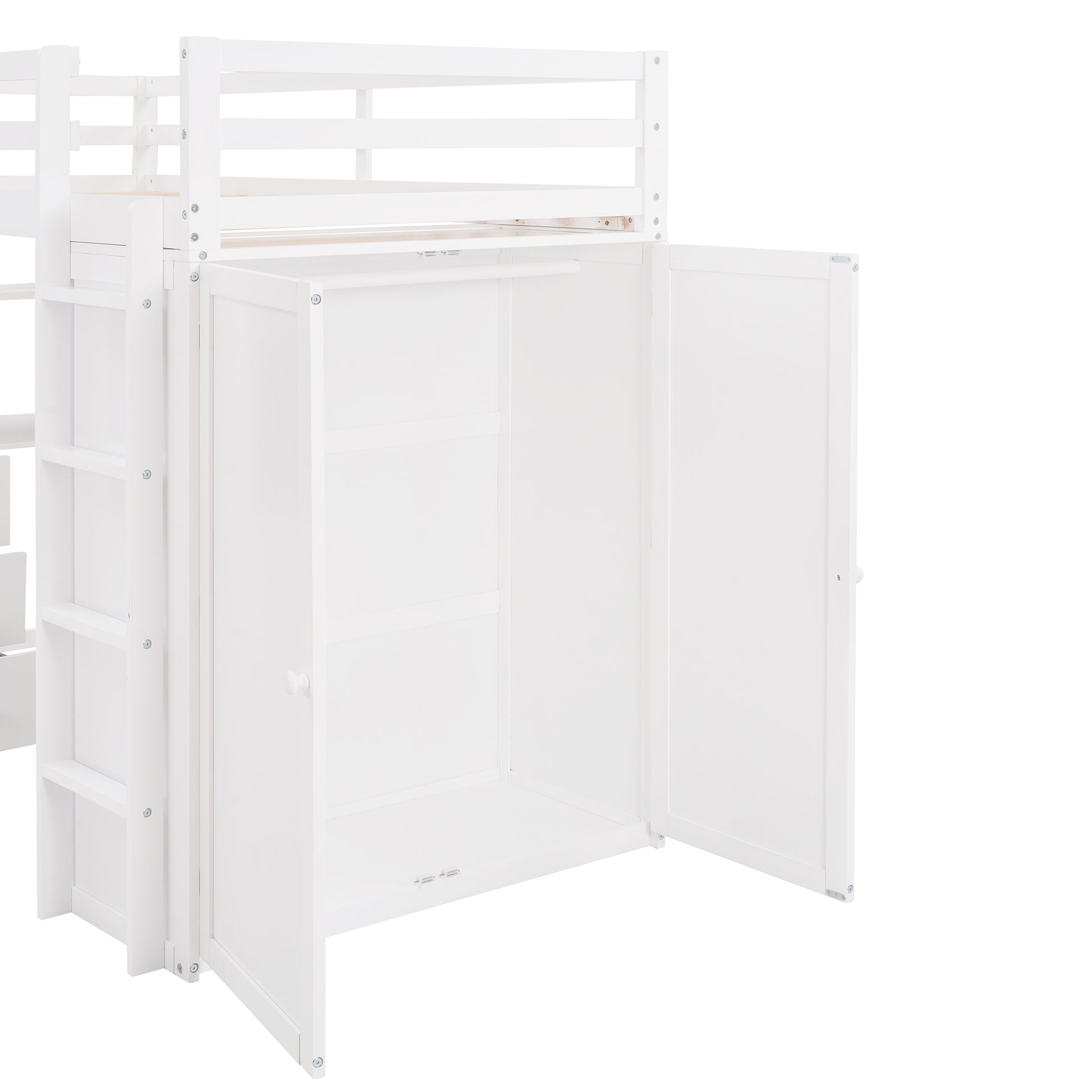 White wooden loft bed with open wardrobe