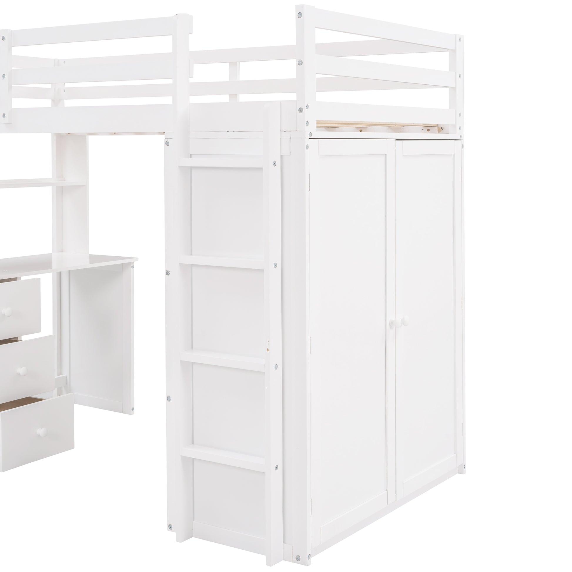 White wooden loft bed with integrated desk and twodoor wardrobe
