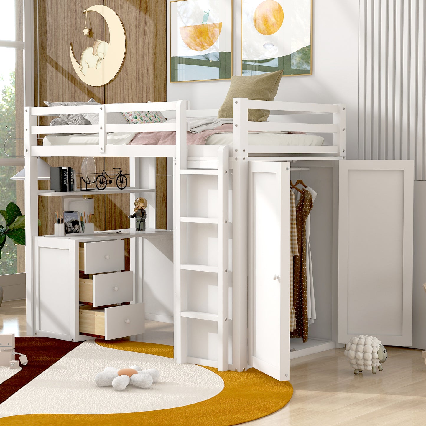 White loft bed with integrated desk and closet