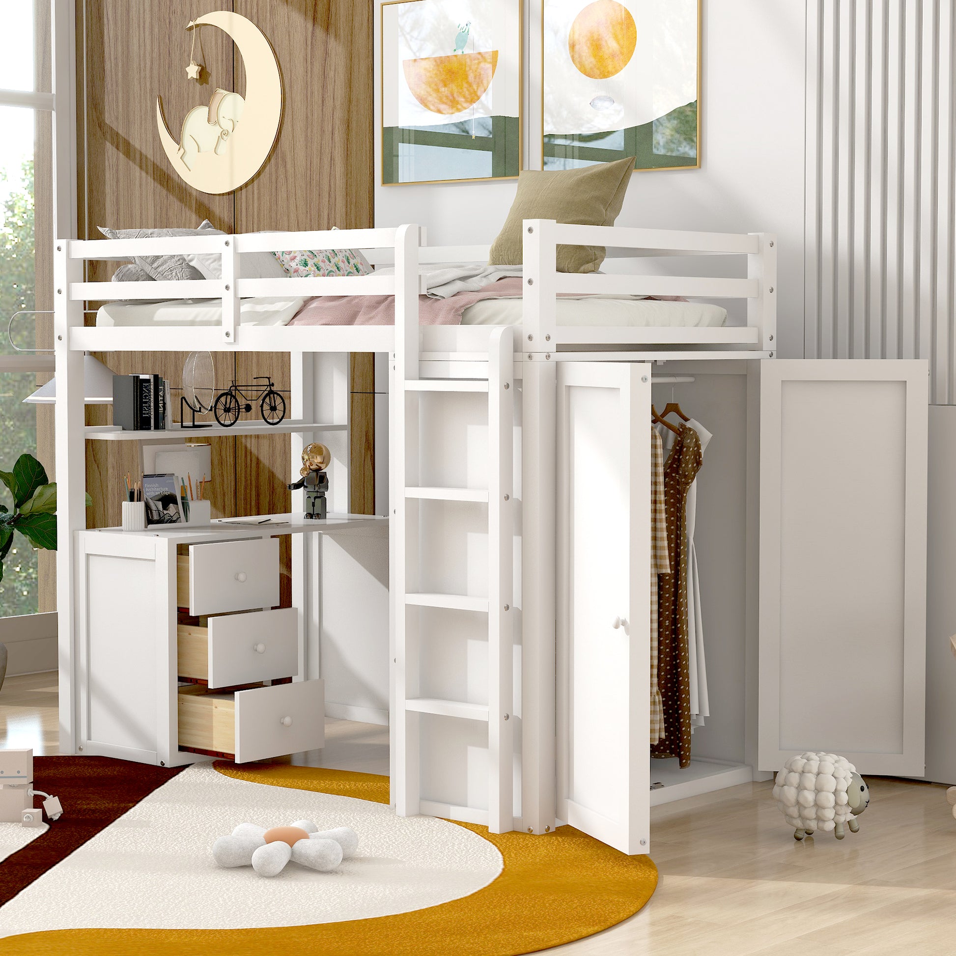 White loft bed with integrated desk and closet