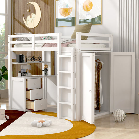 White loft bed with integrated desk and closet