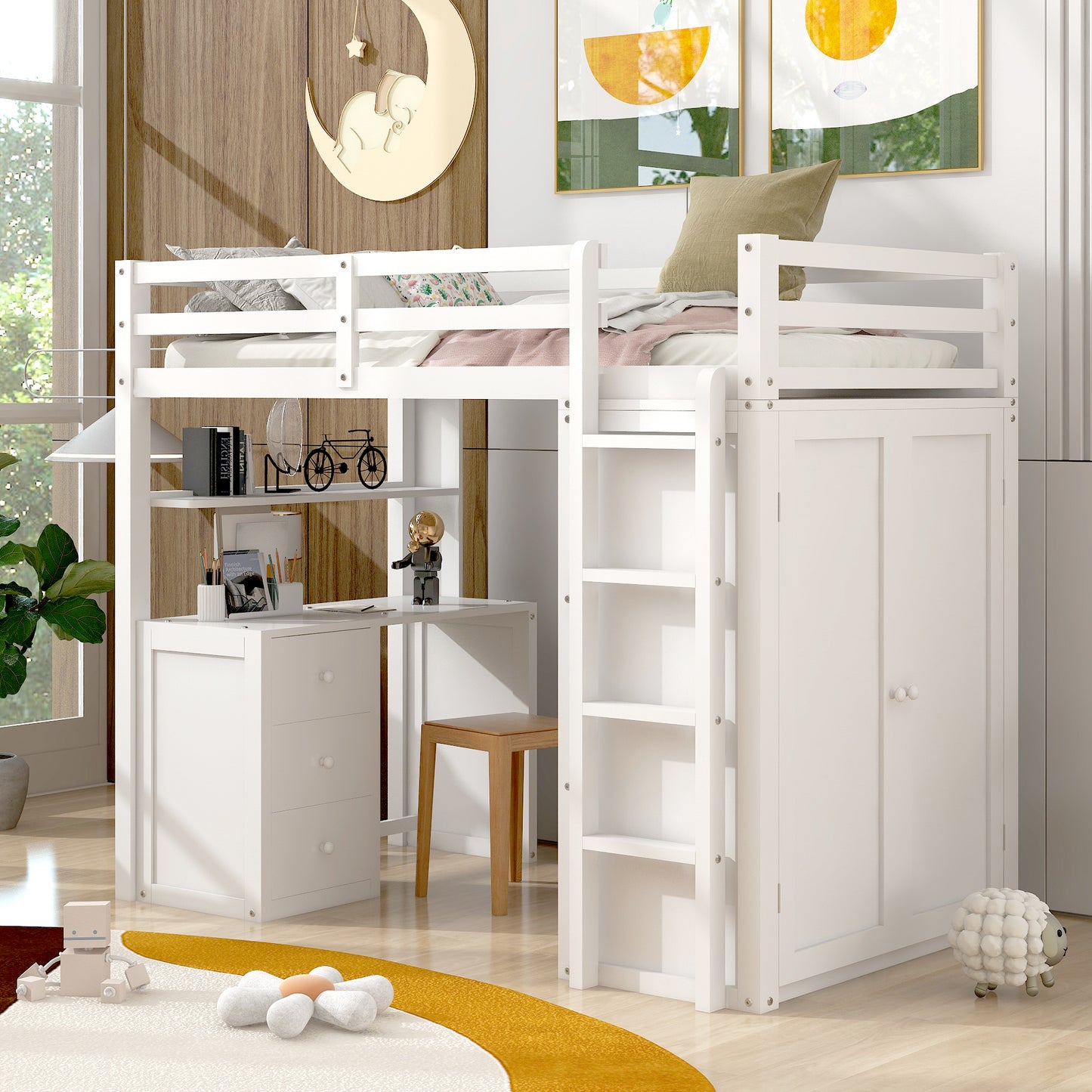 White wooden loft bed with integrated desk and wardrobe