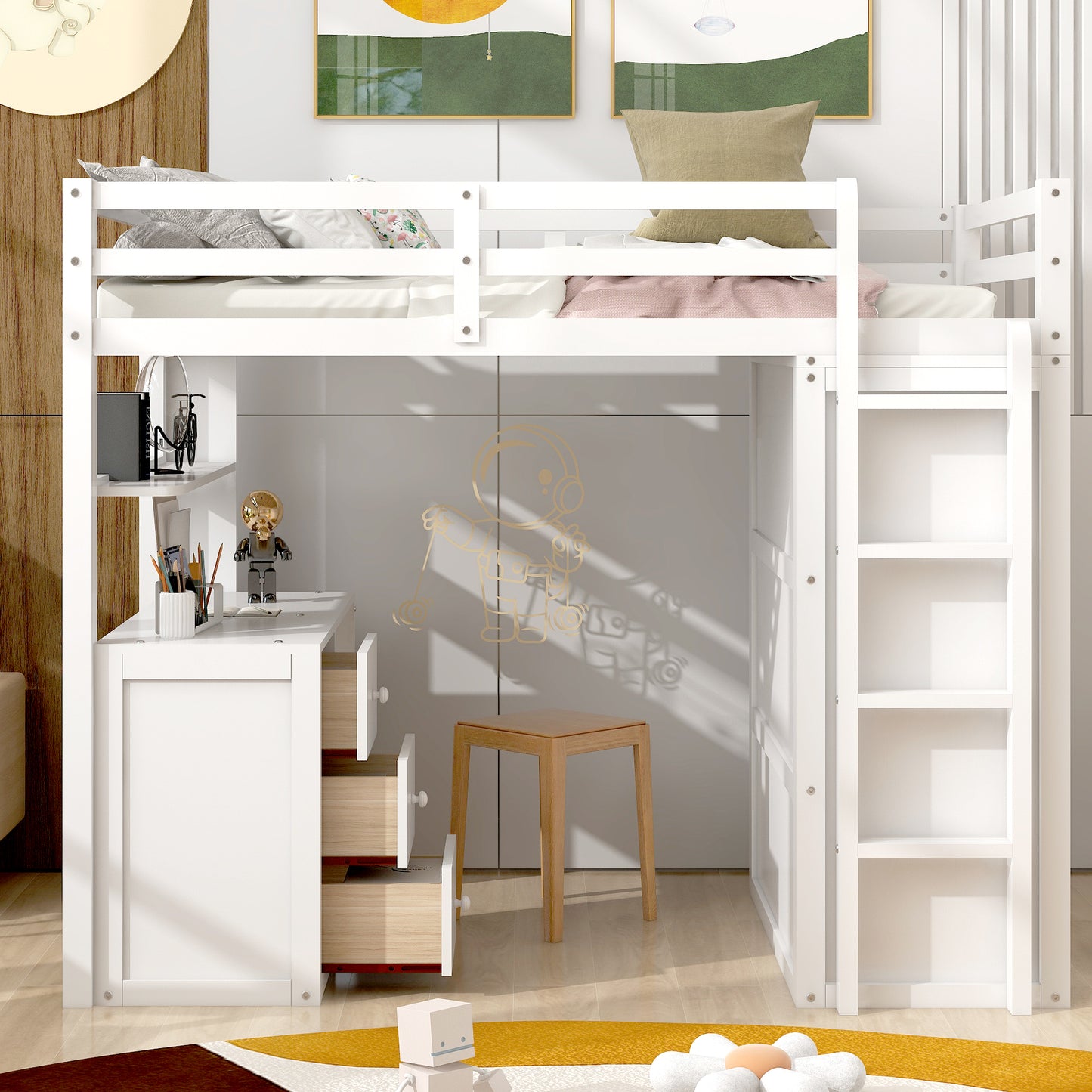 White wooden loft bed with integrated desk and drawers
