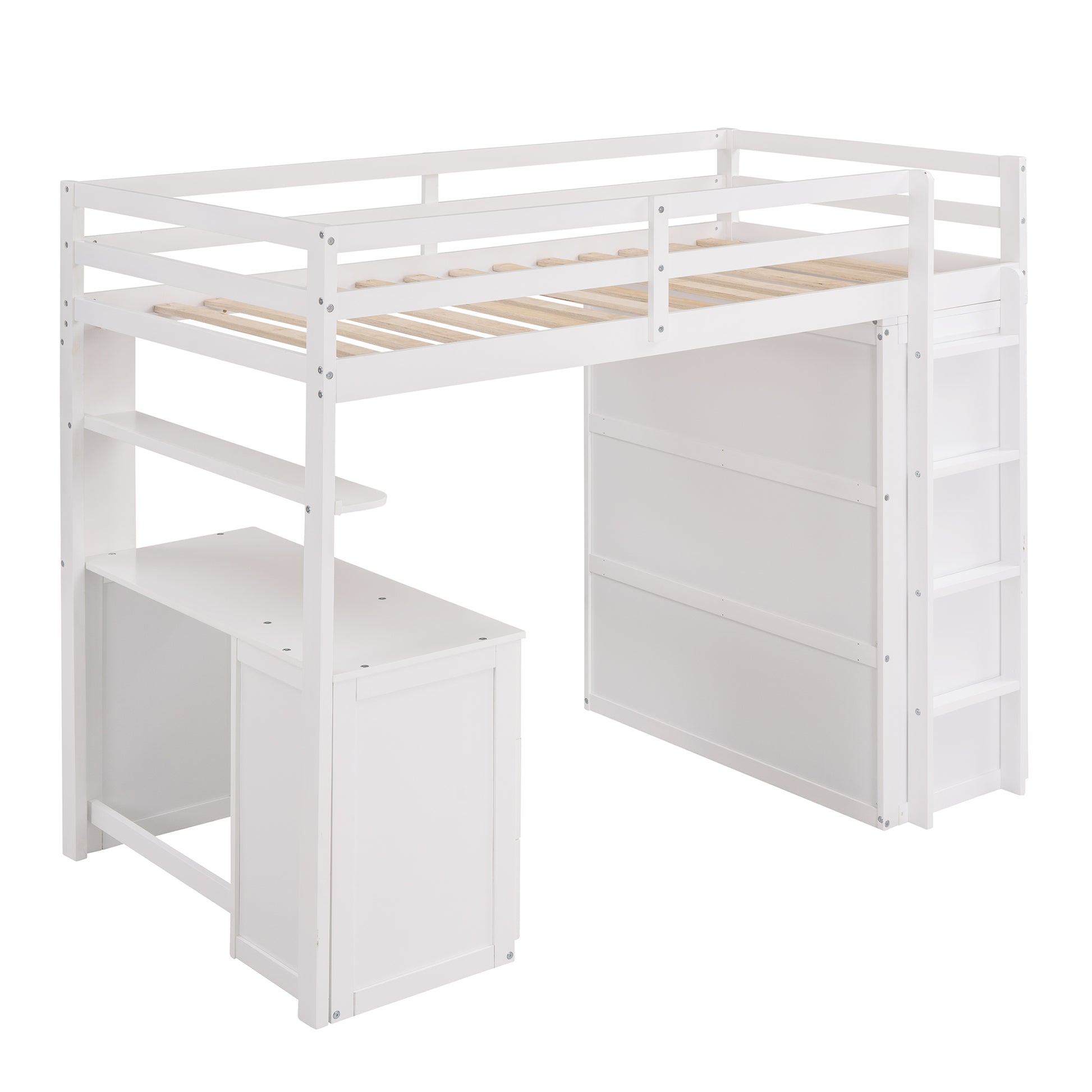 White wooden loft bed with integrated desk and shelves