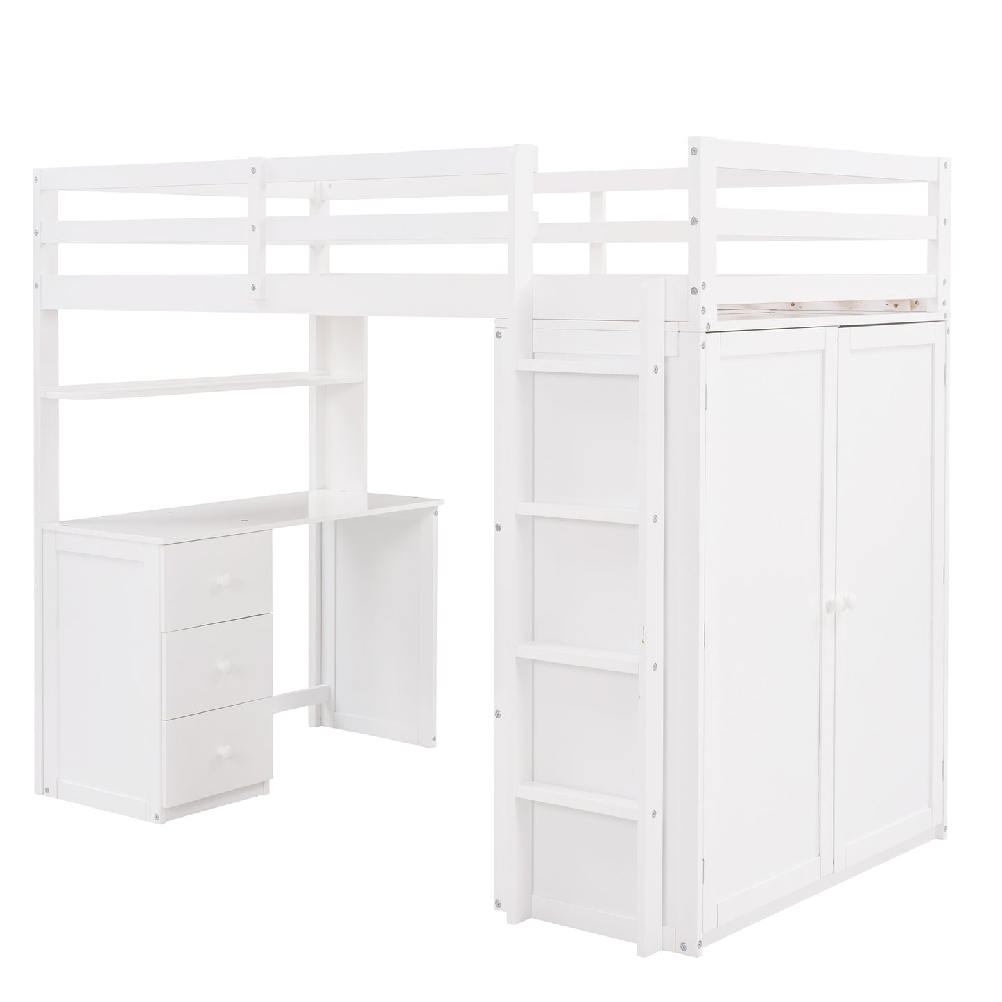 White loft bed with desk and wardrobe