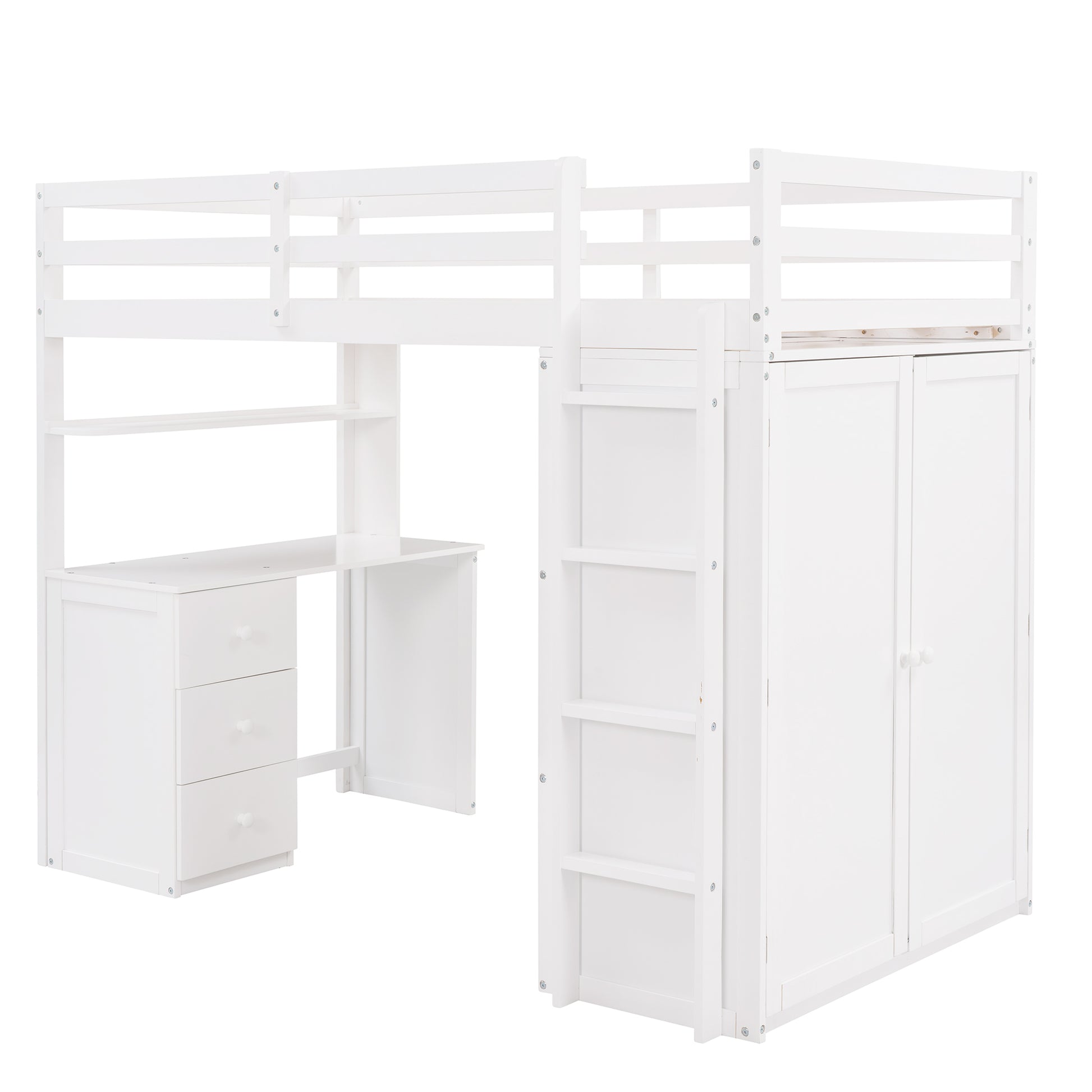 White loft bed with desk and wardrobe