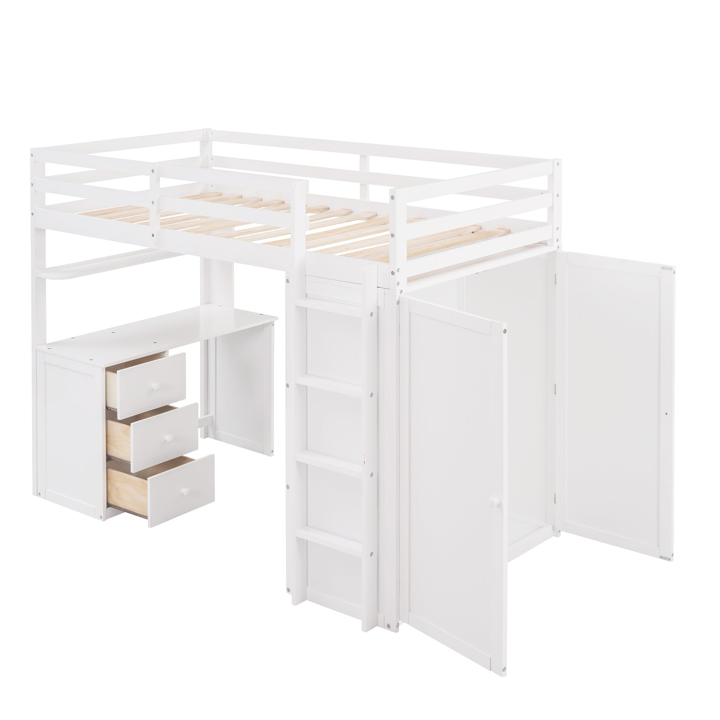 White loft bed with integrated desk and storage cabinets