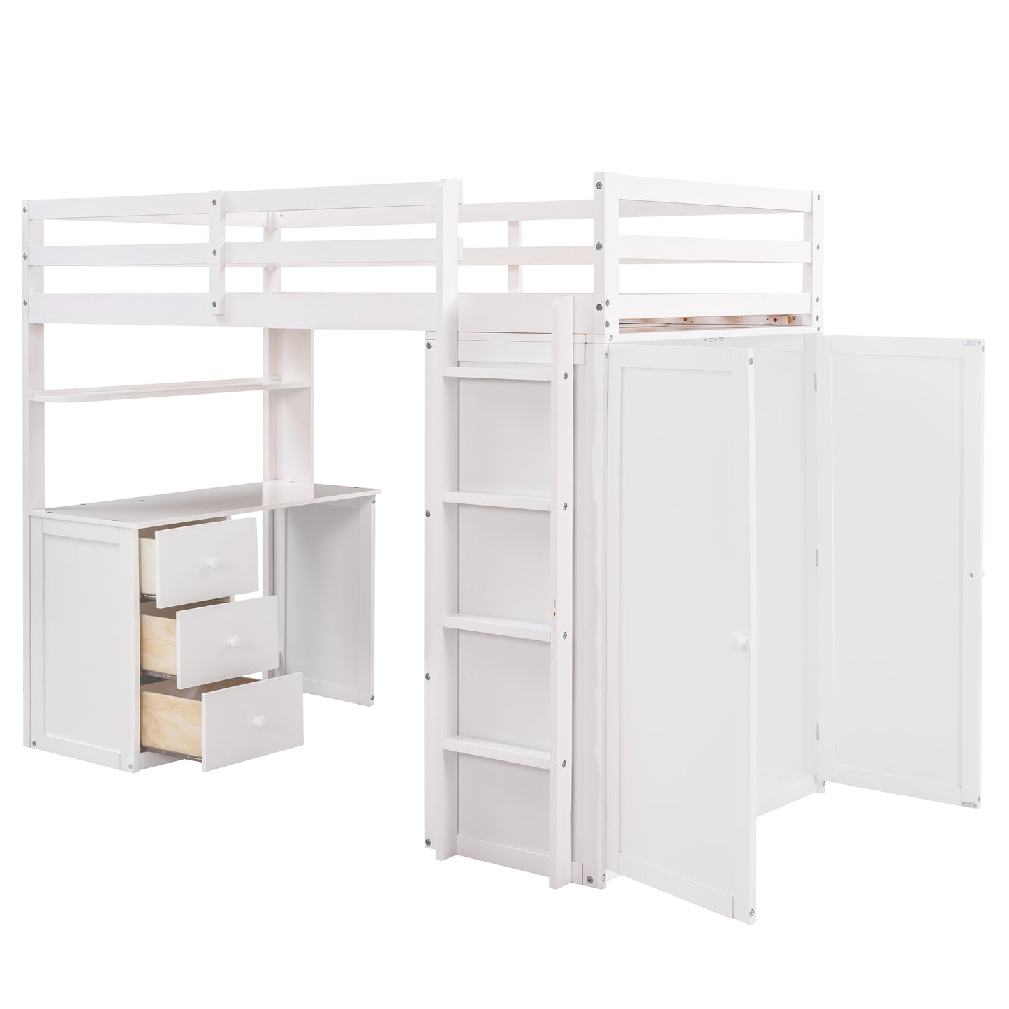 White wooden loft bed with integrated desk and twodoor wardrobe