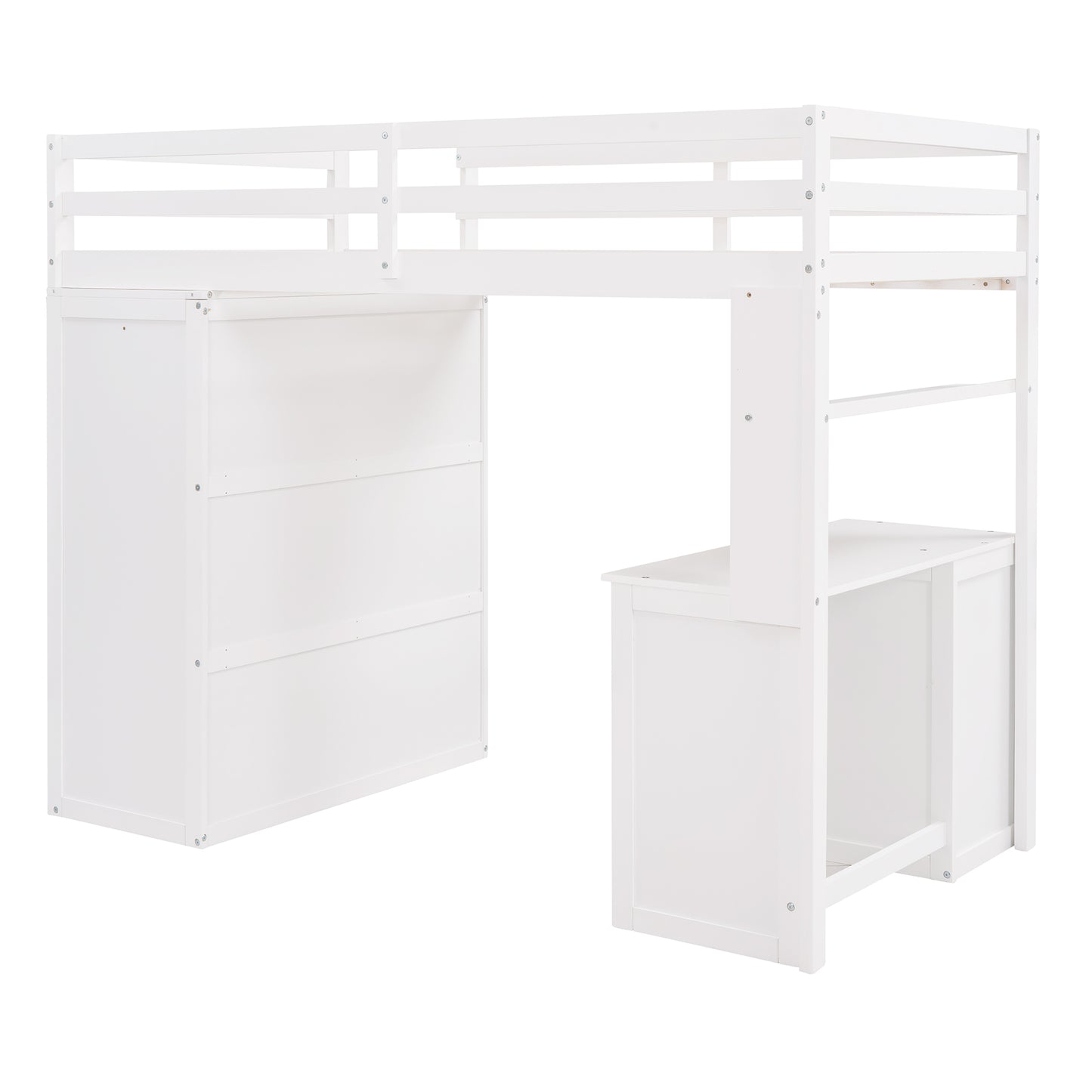 White wooden loft bed with integrated desk and shelving