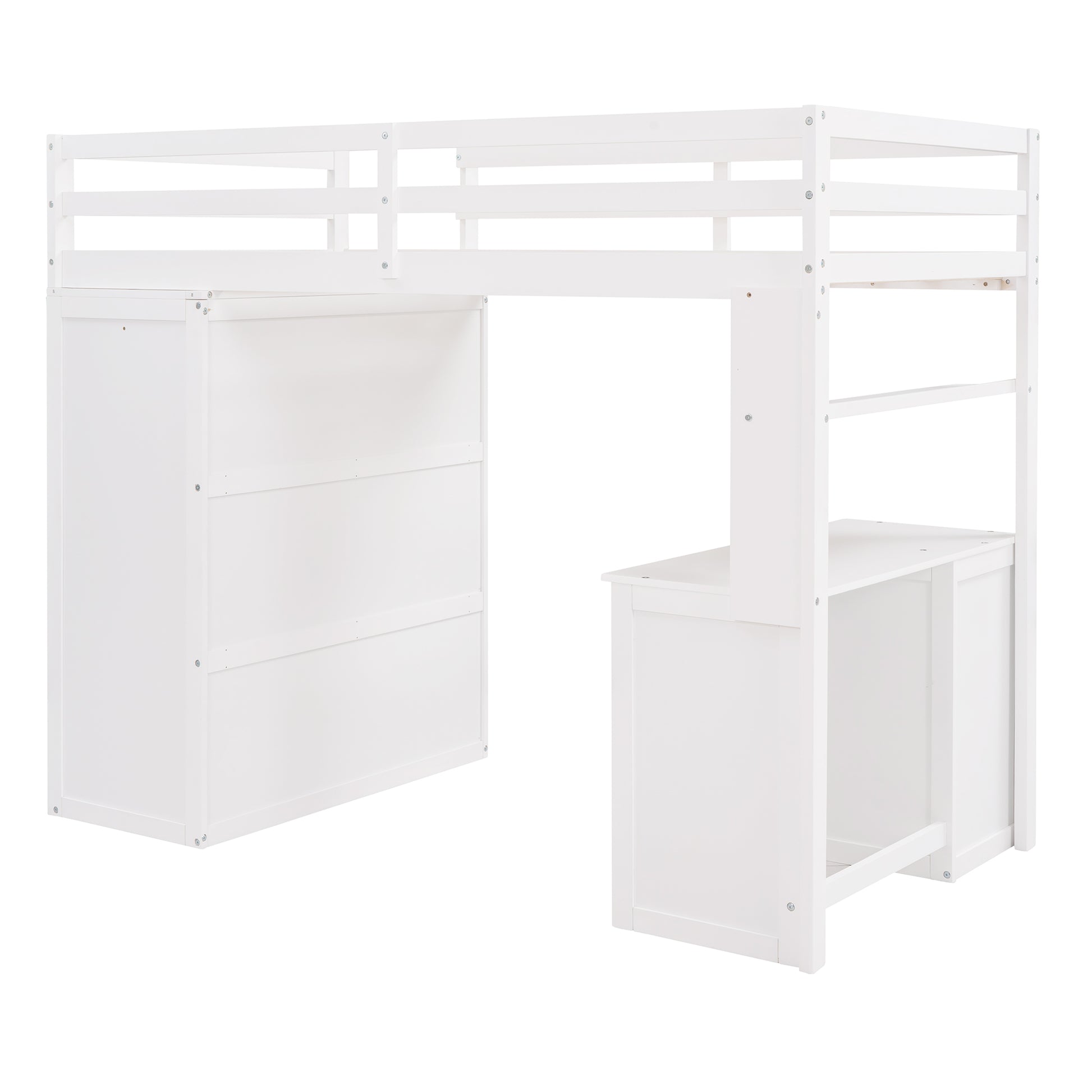 White wooden loft bed with integrated desk and shelving