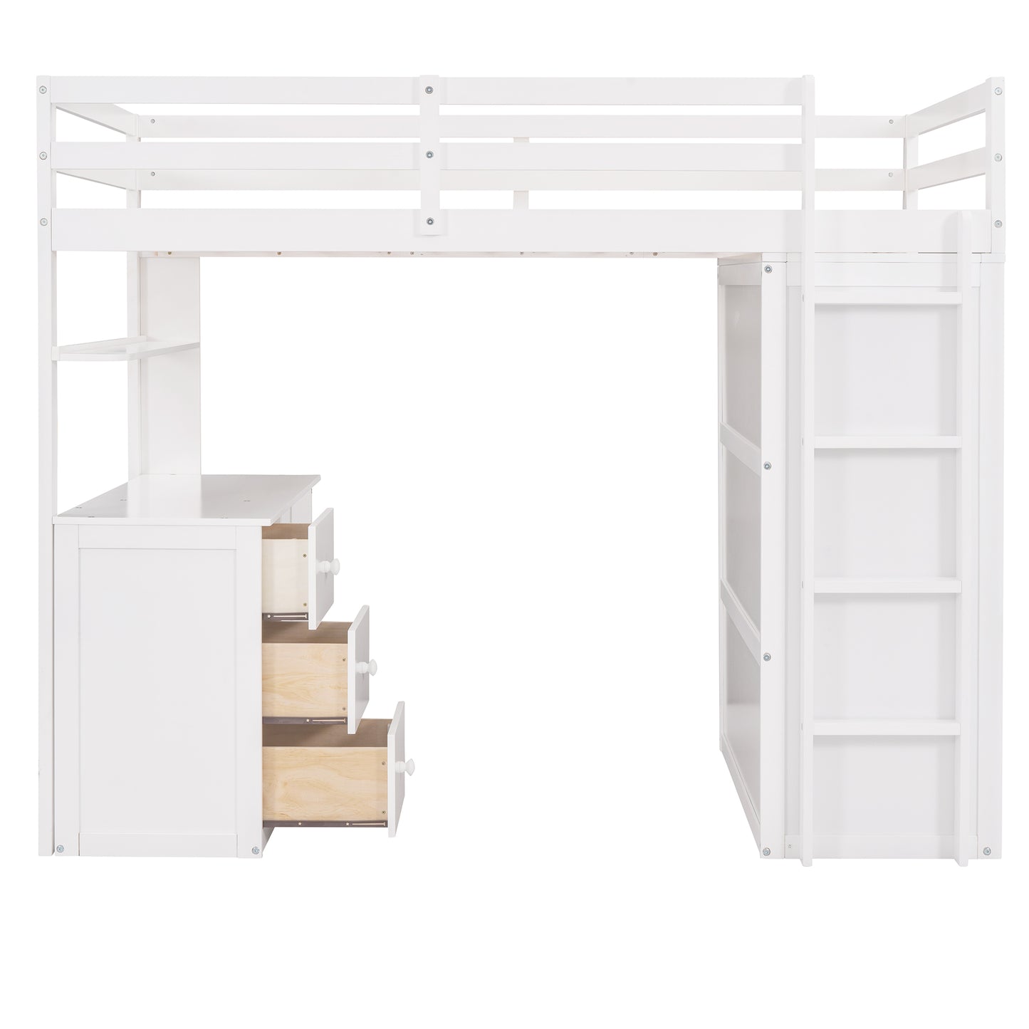 White wooden loft bed with integrated desk and drawers