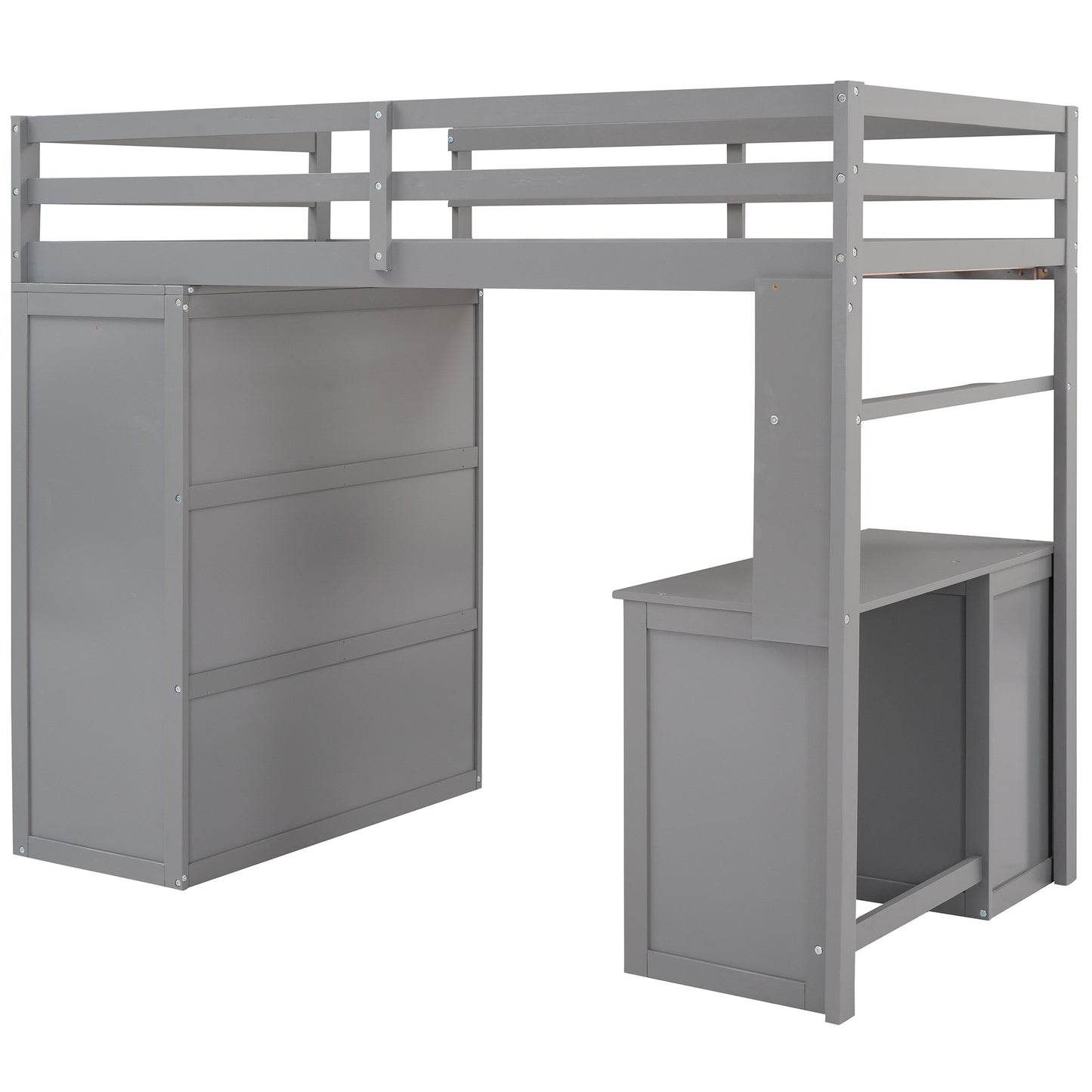 Gray wooden loft bed with desk and drawers