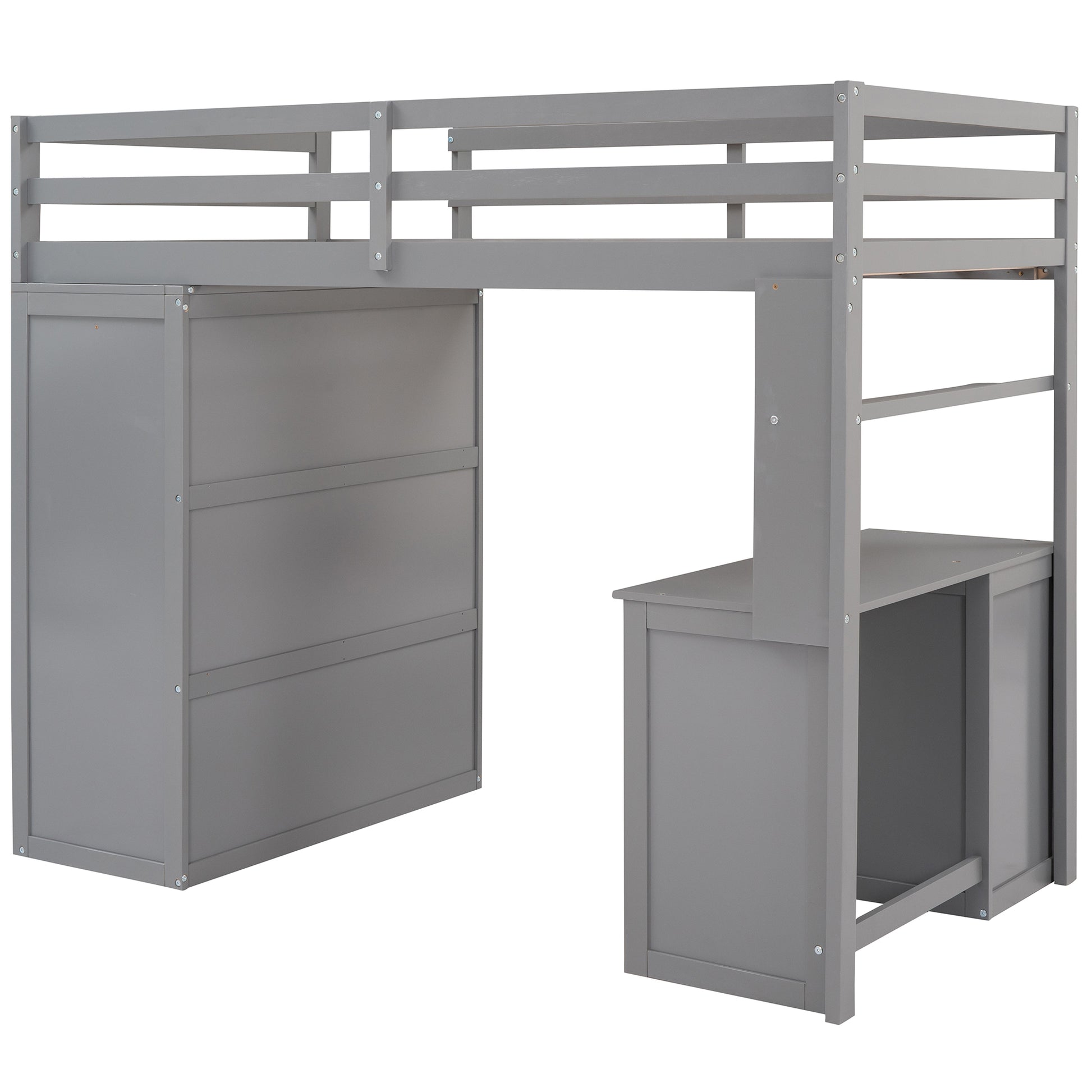 Gray wooden loft bed with desk and drawers