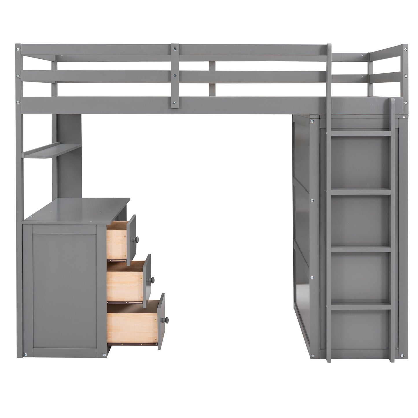 Gray loft bed with desk and stairs