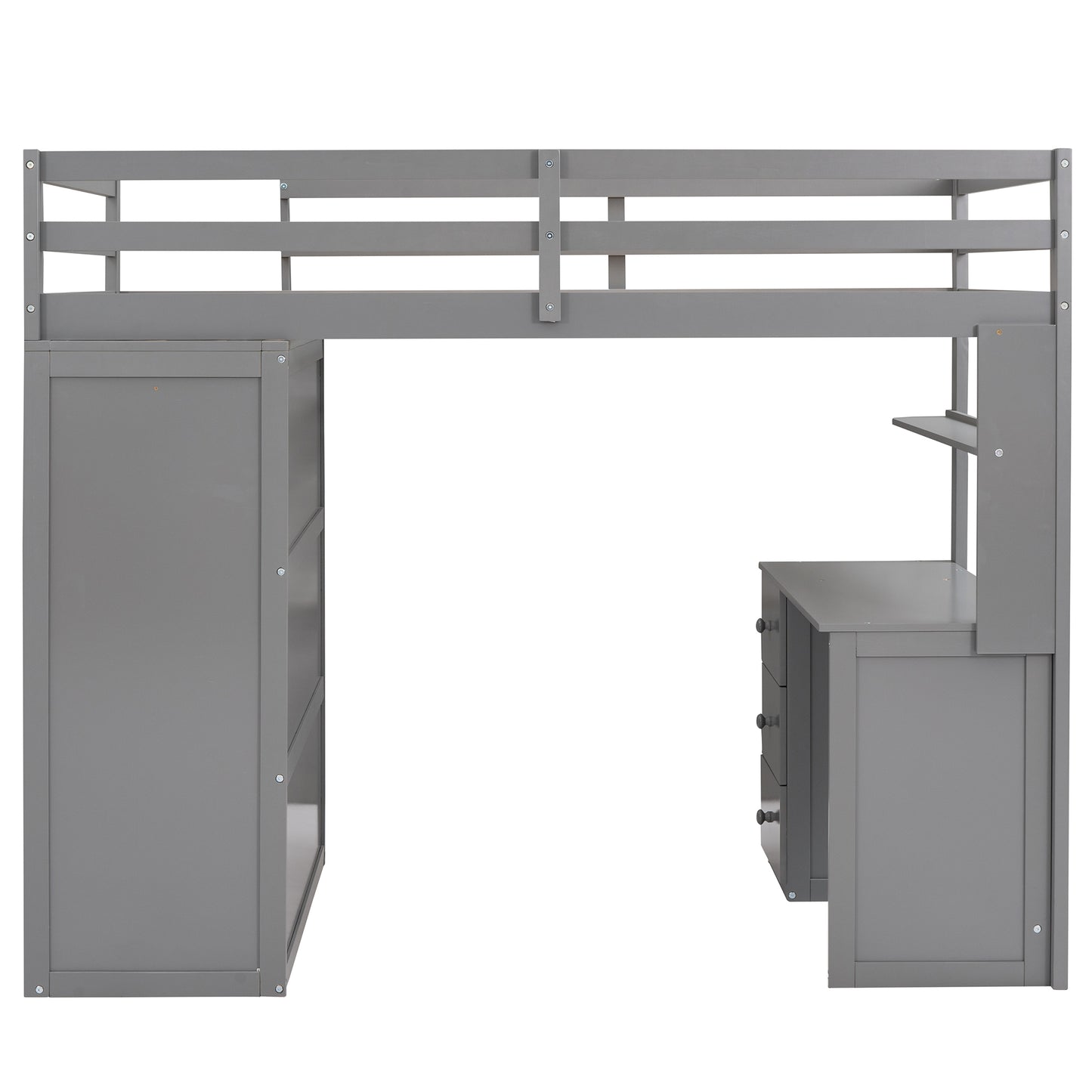 Gray wooden loft bed with integrated desk and drawers