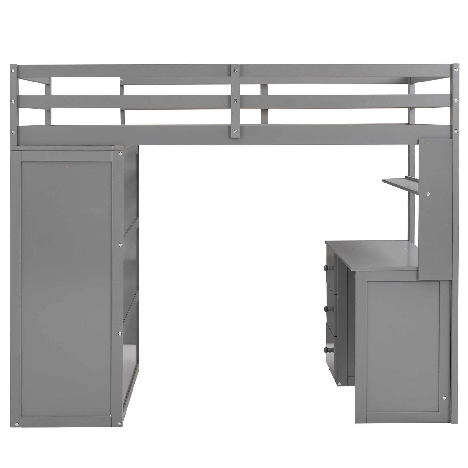 Gray wooden loft bed with integrated desk and drawers