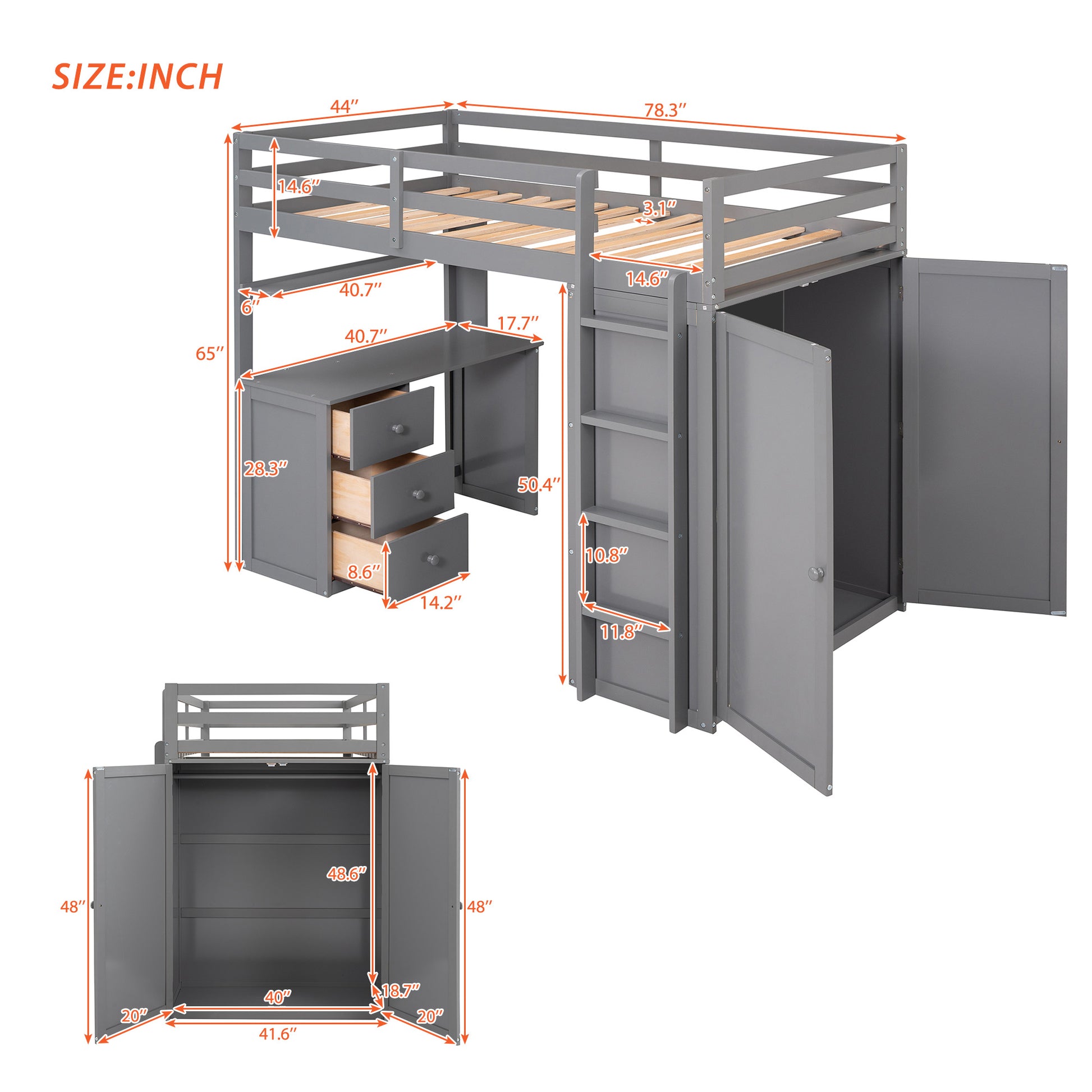 Gray loft bed with integrated desk and dual closets