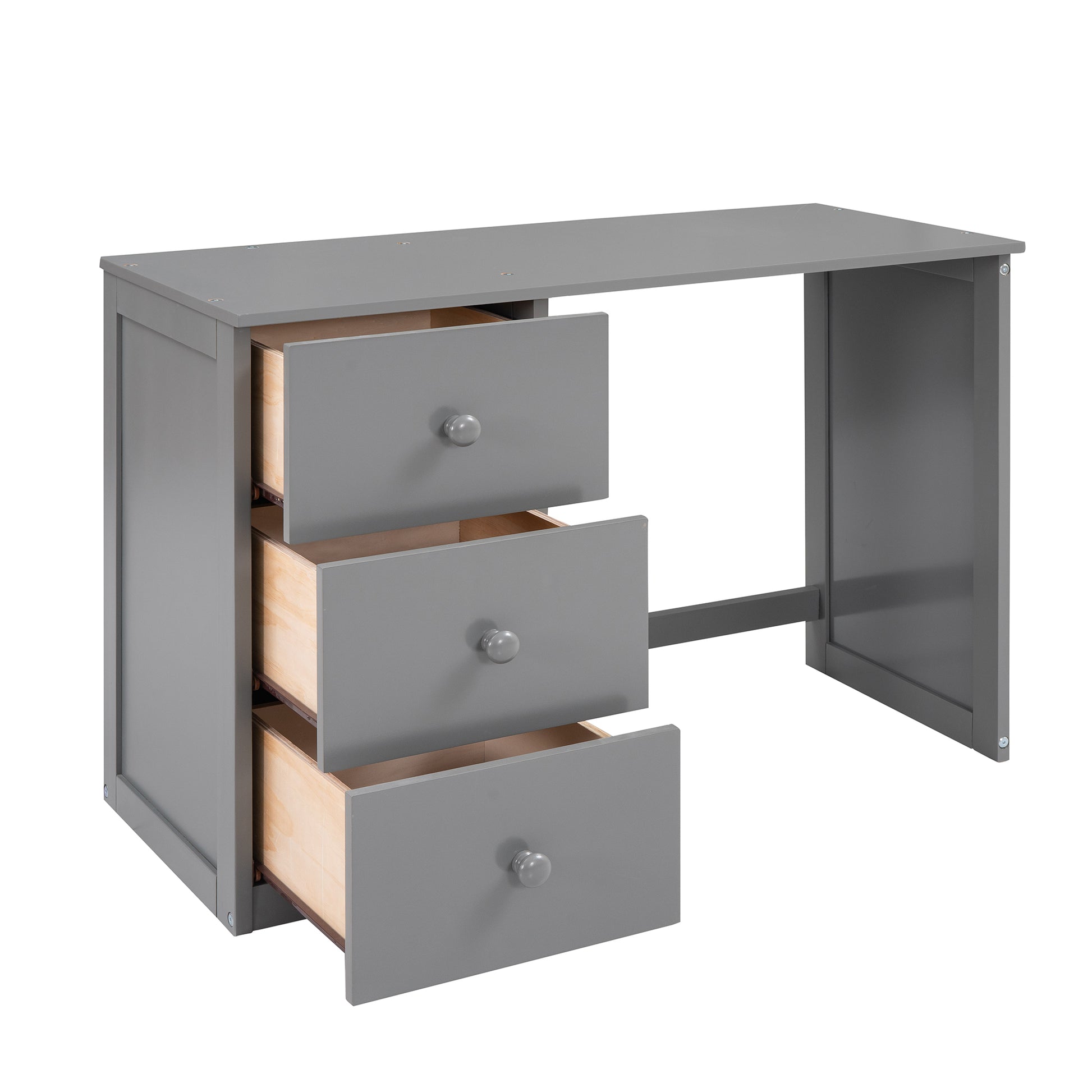 Gray wooden writing desk with three open drawers
