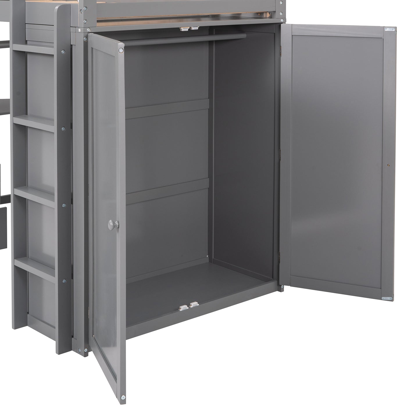 Gray wooden closet with open doors and clothes rod