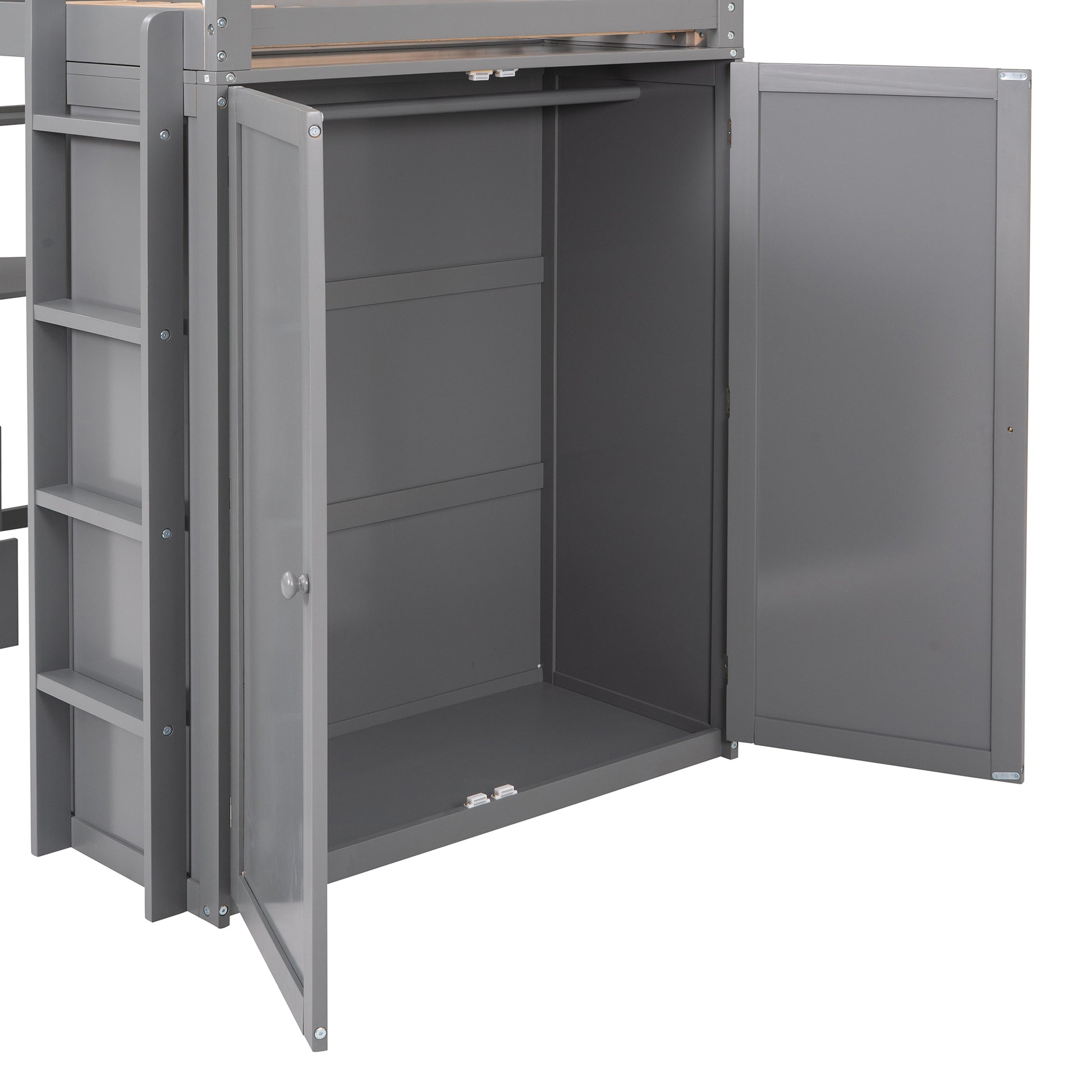 Gray wooden closet with open doors and clothes rod
