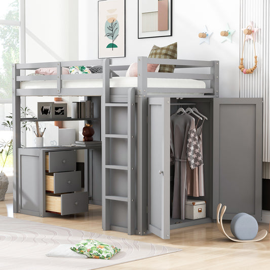 Gray wooden loft bed with integrated desk and wardrobe for childrens bedroom