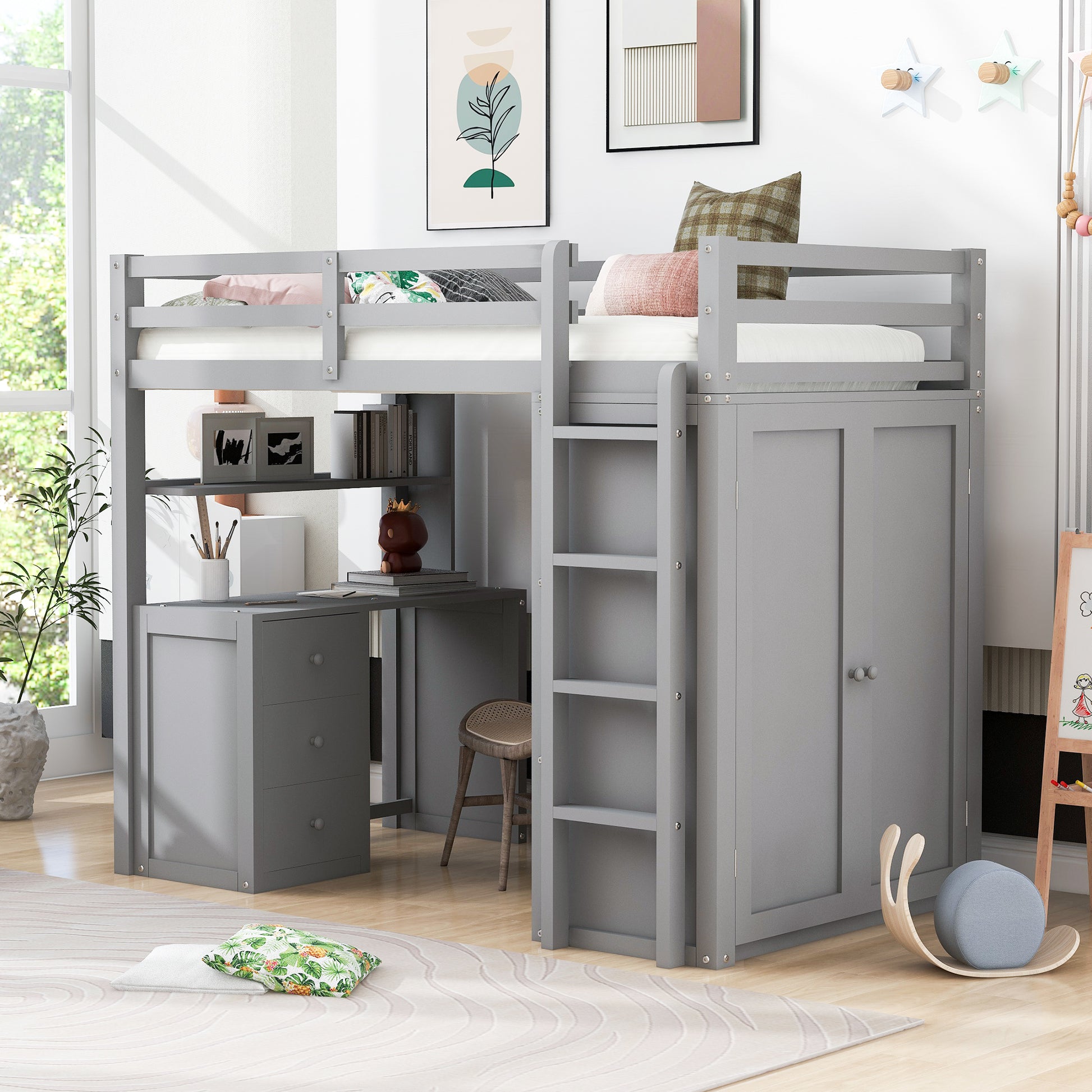 Gray loft bed with desk and storage cabinet