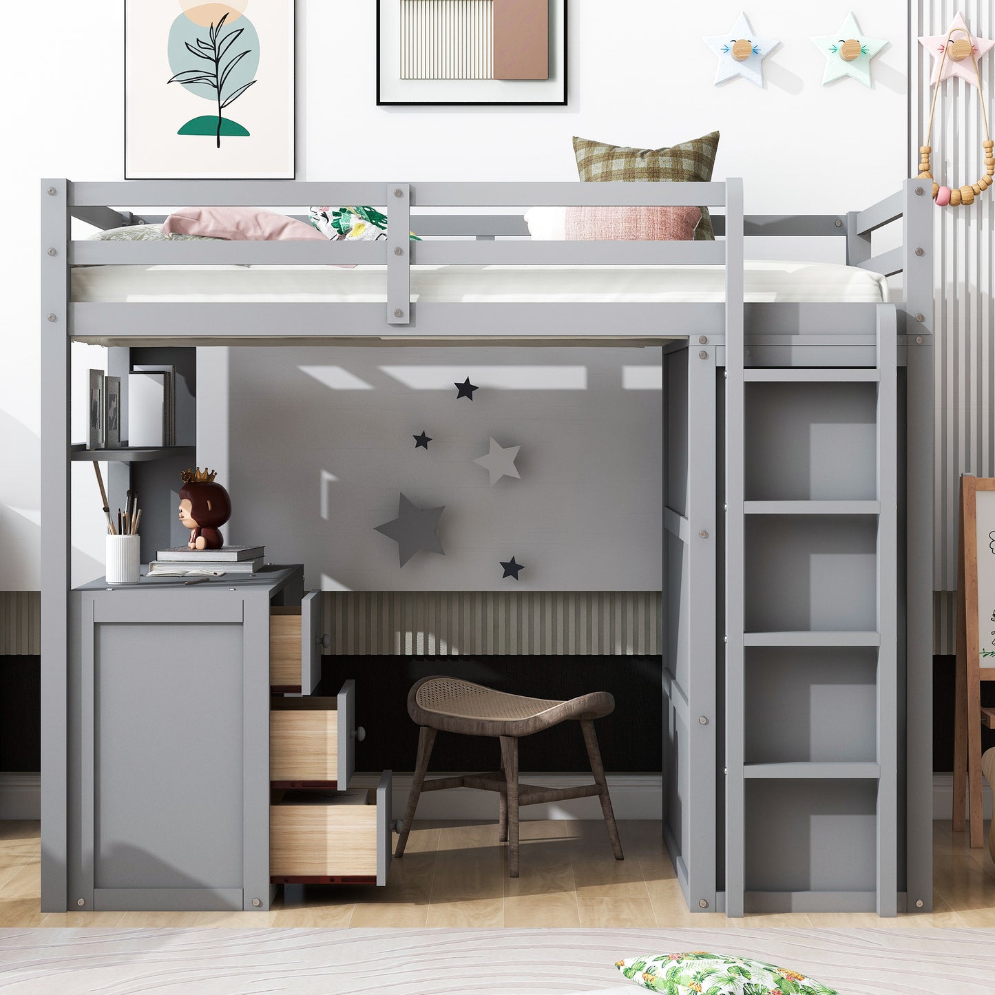 Gray loft bed with desk and shelves for kids room