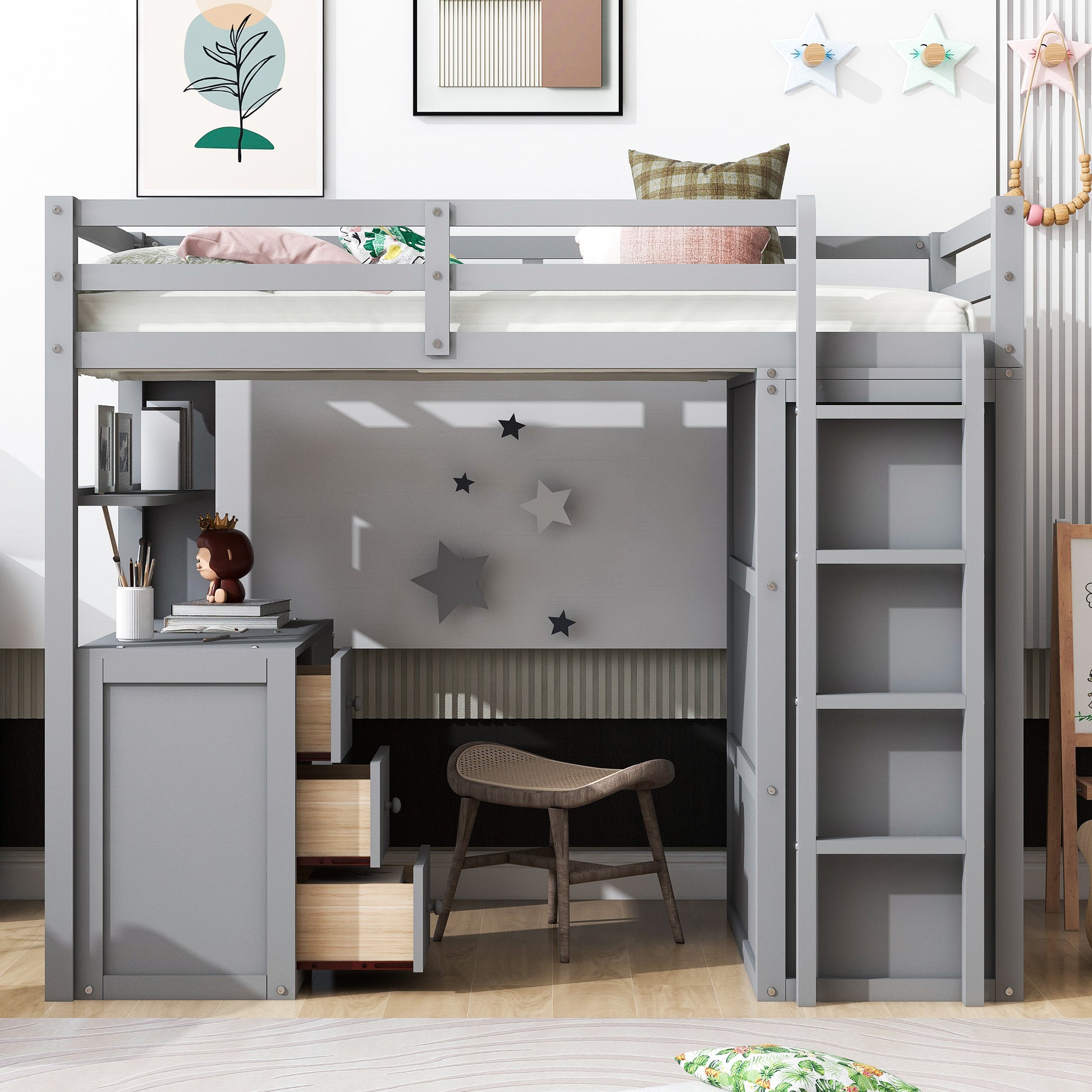 Gray loft bed with desk and shelves for kids room