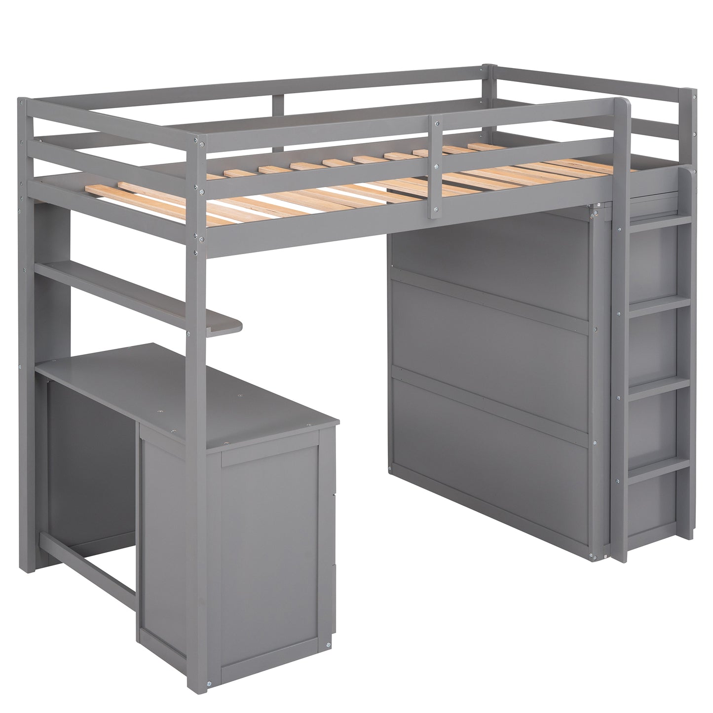 Grey loft bed with integrated desk and shelves