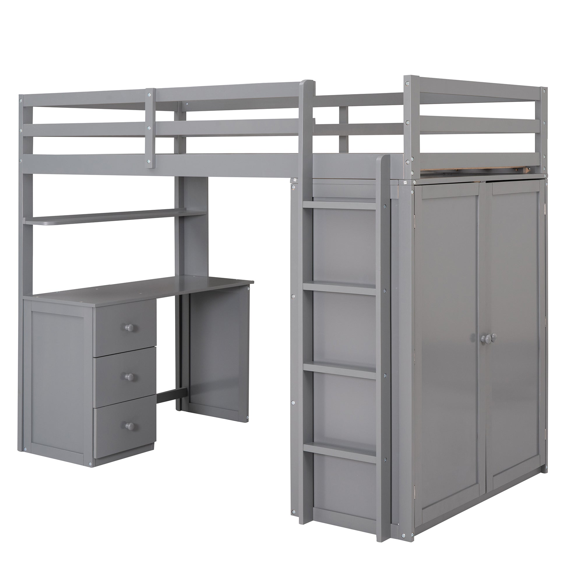Gray wooden loft bed with desk and wardrobe