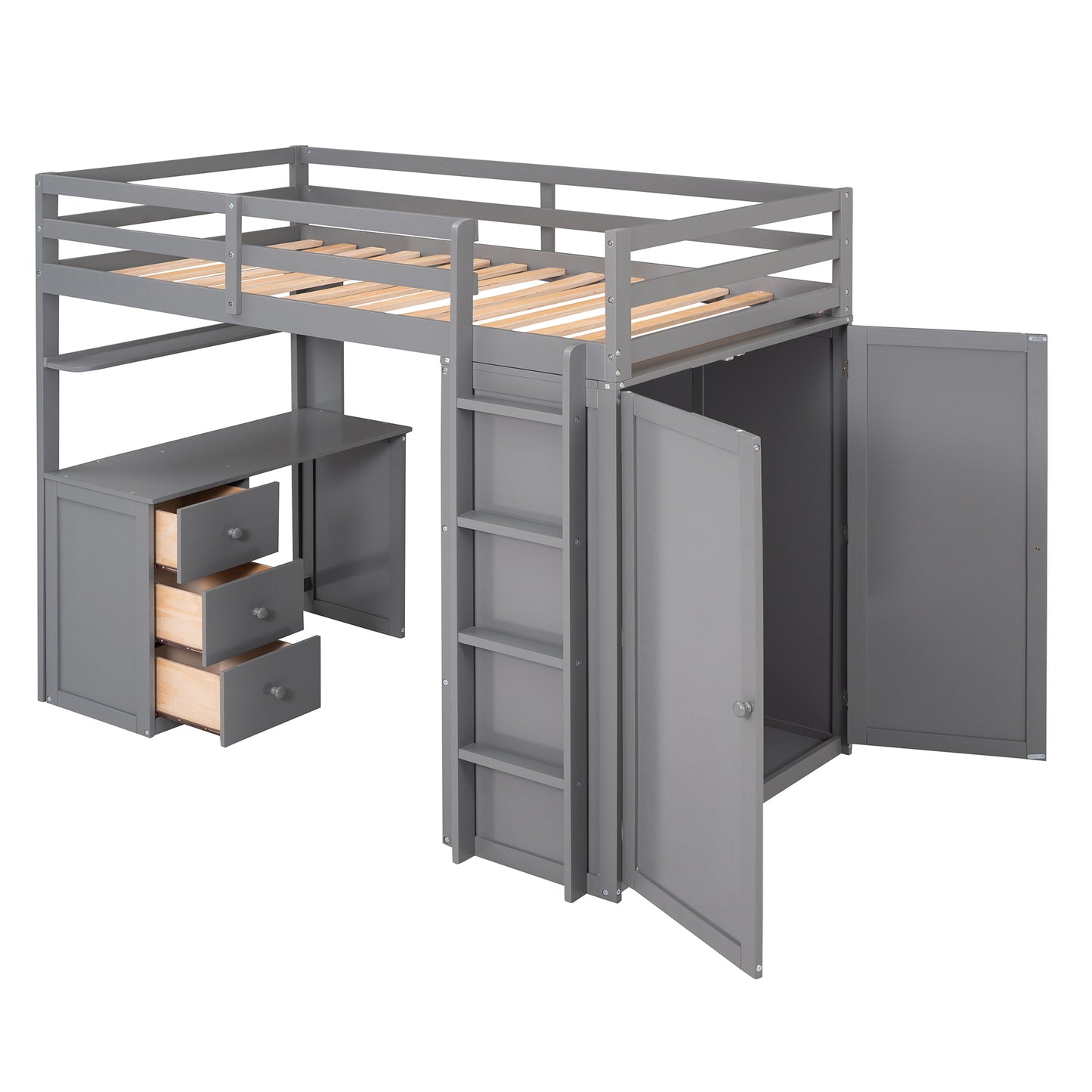 Gray loft bed with desk and integrated wardrobe