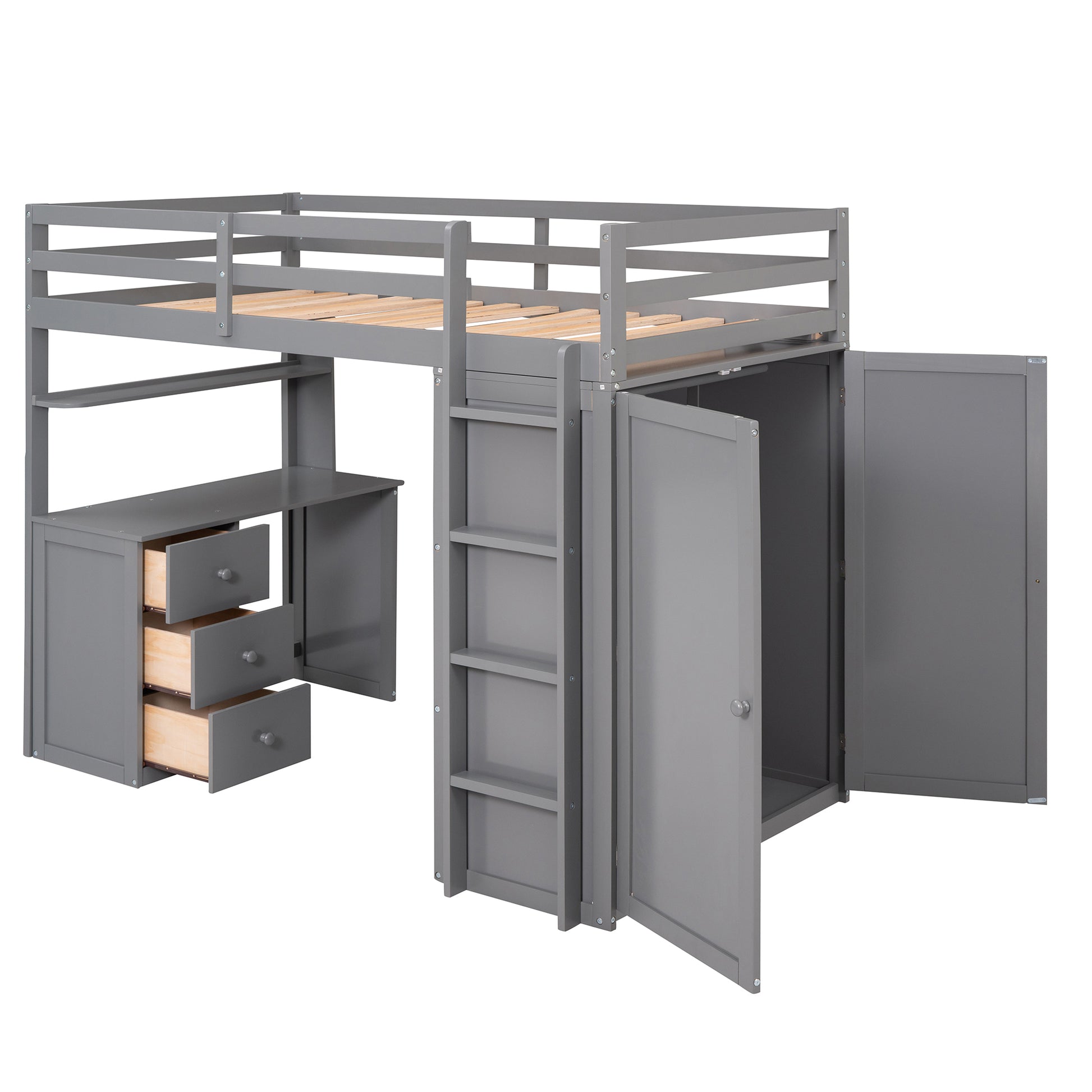 Gray loft bed with integrated desk and open wardrobe