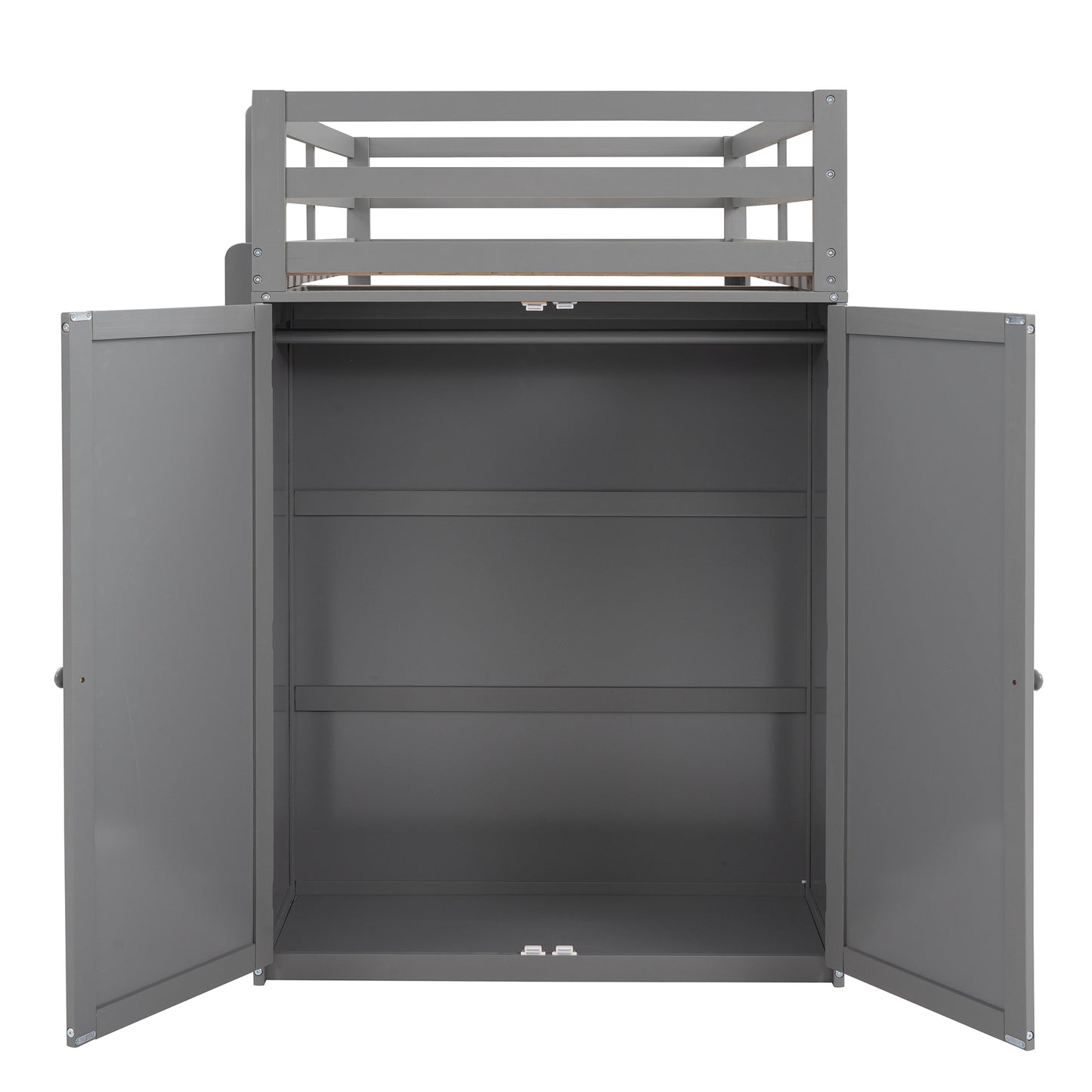 Gray wooden bunk bed cabinet with open doors and shelves