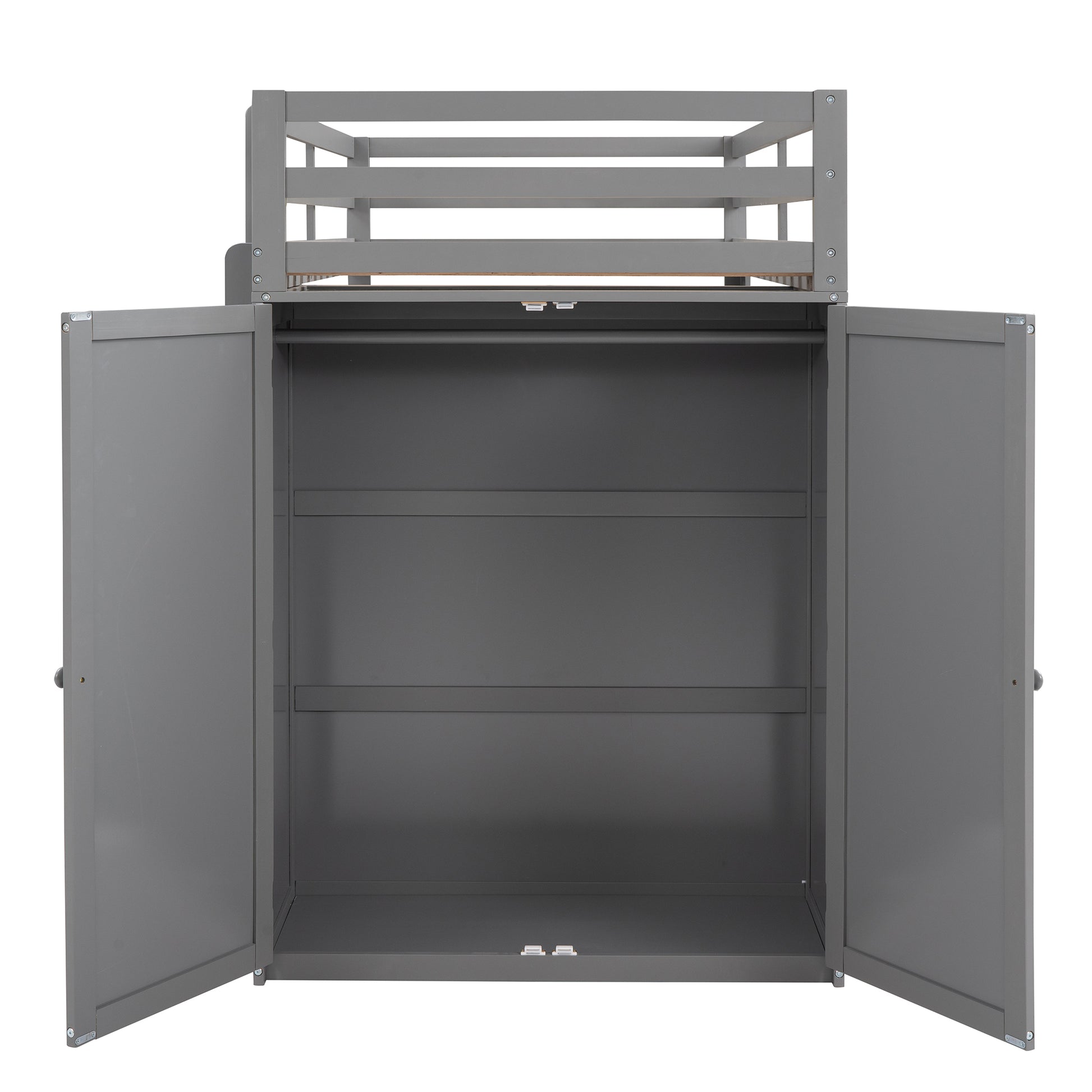 Gray wooden bunk bed cabinet with open doors and shelves