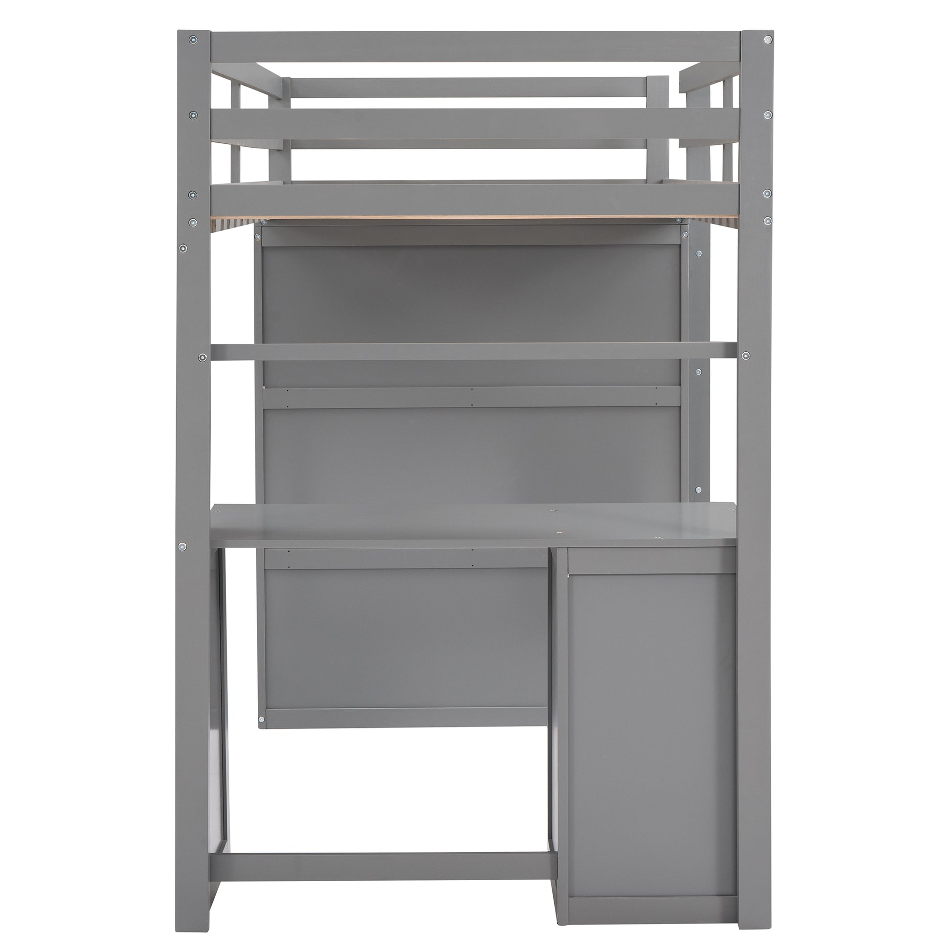 Gray loft bed frame with integrated desk and shelving