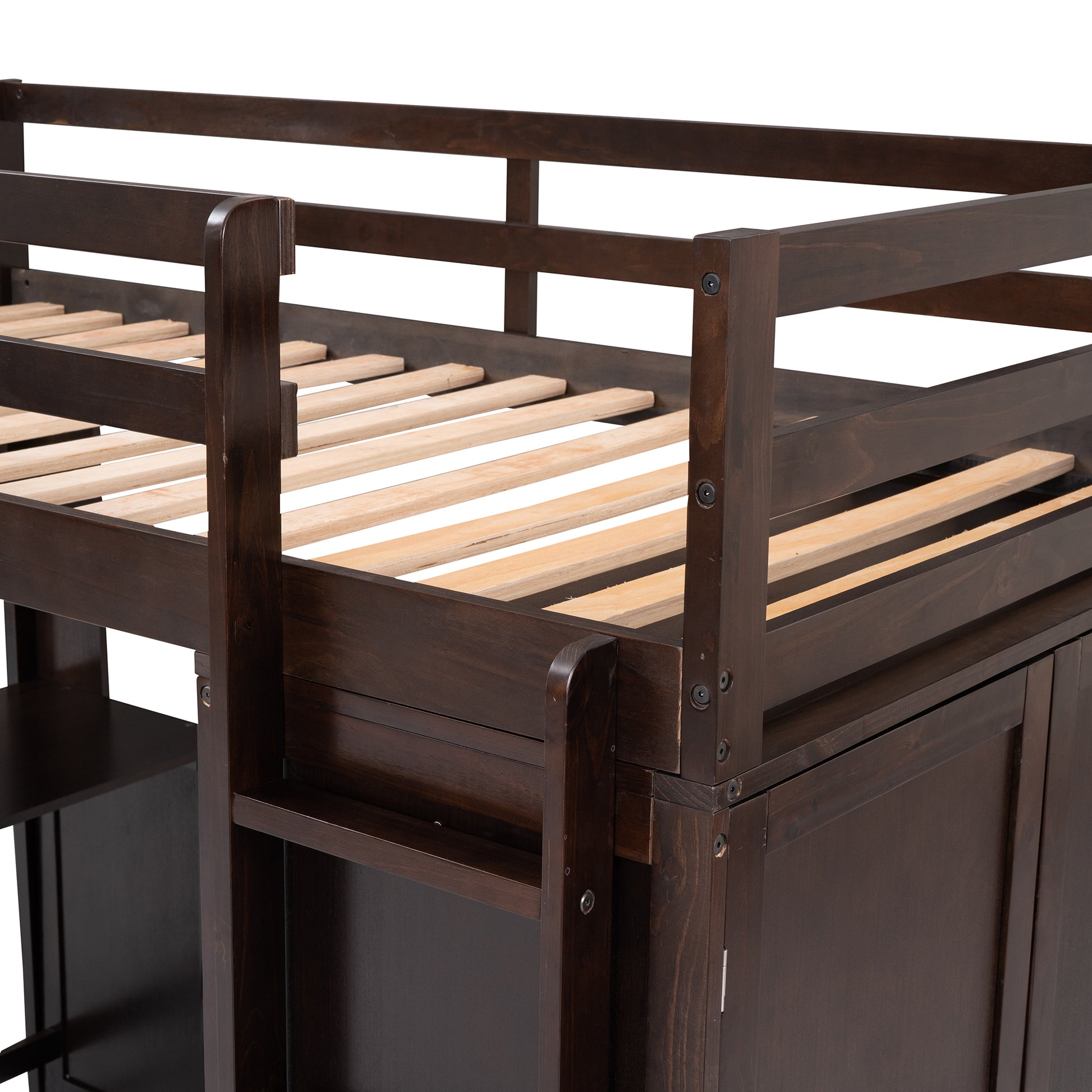 Dark brown wooden loft bed frame with storage cabinets and shelves