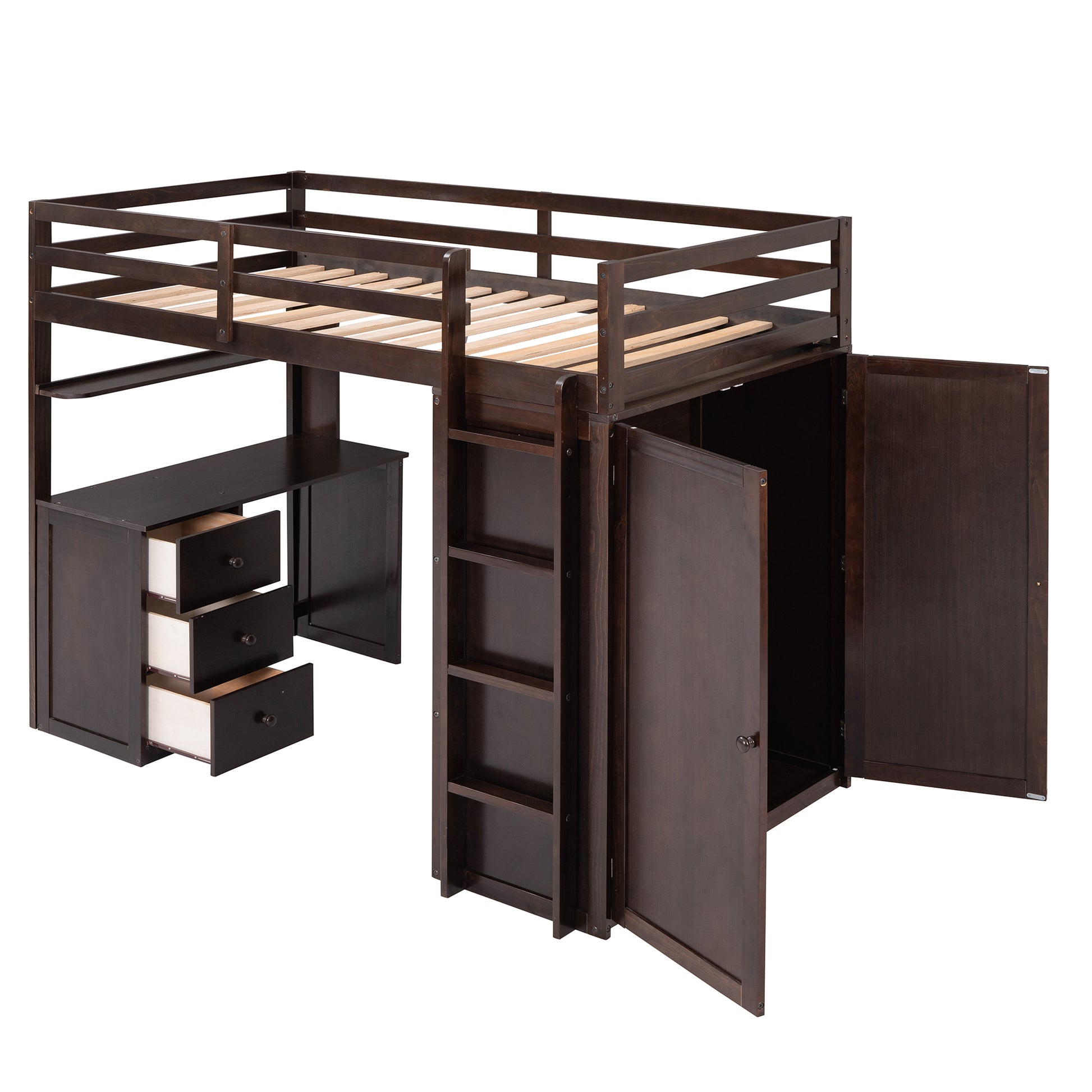 Dark brown wooden loft bed with integrated desk and storage closet