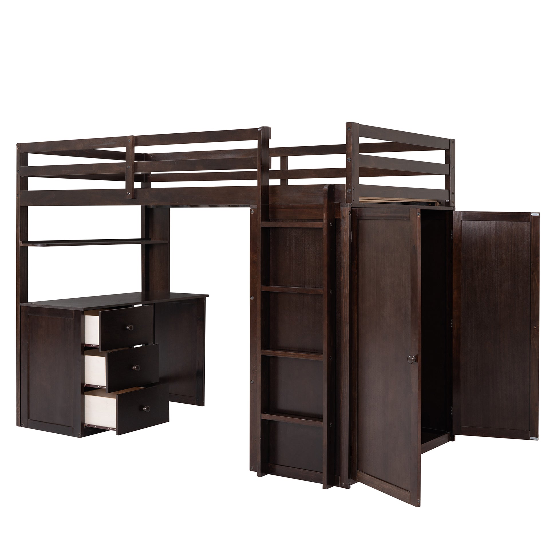 Dark wood loft bed with integrated desk and dual closets