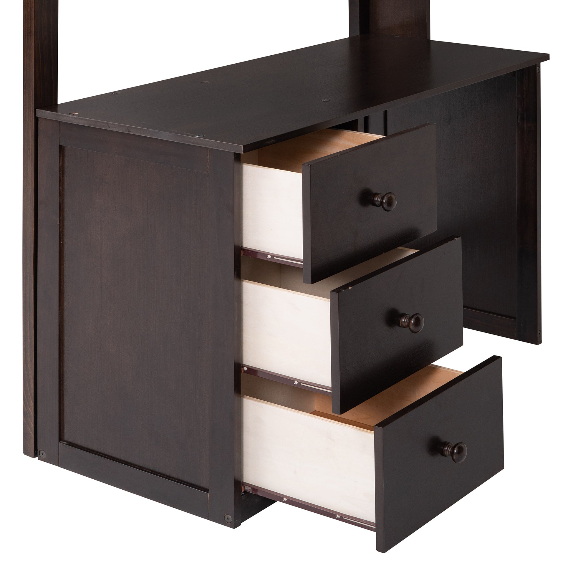 Dark brown wood desk with three open drawers and round knobs