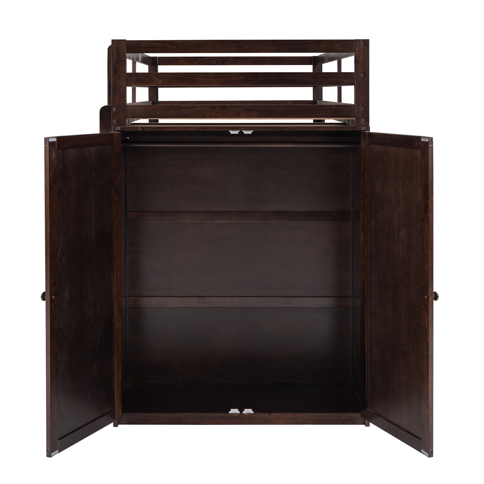Dark wood bunk bed with open storage cabinet and slatted top shelf