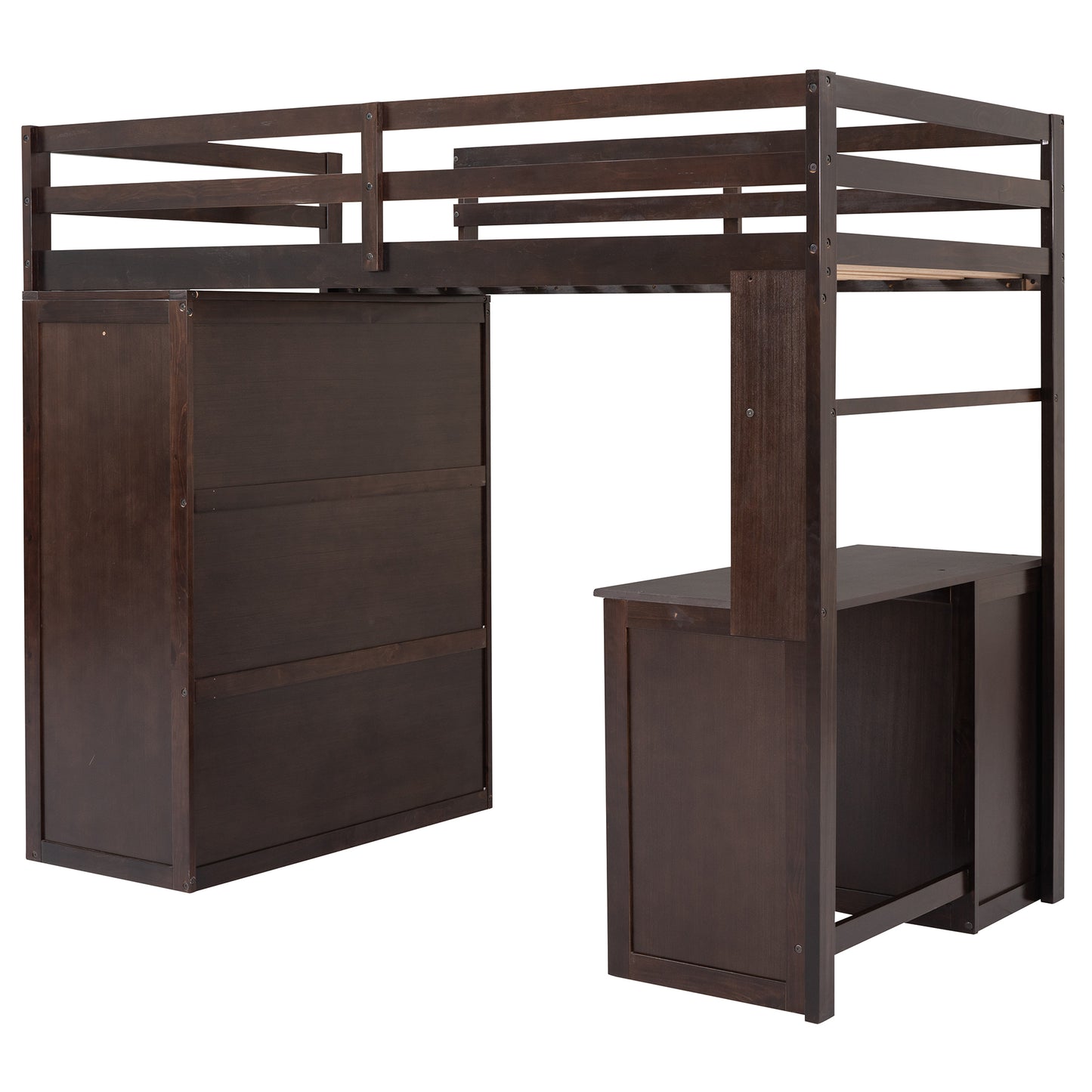 Dark wood loft bed with integrated desk and shelving