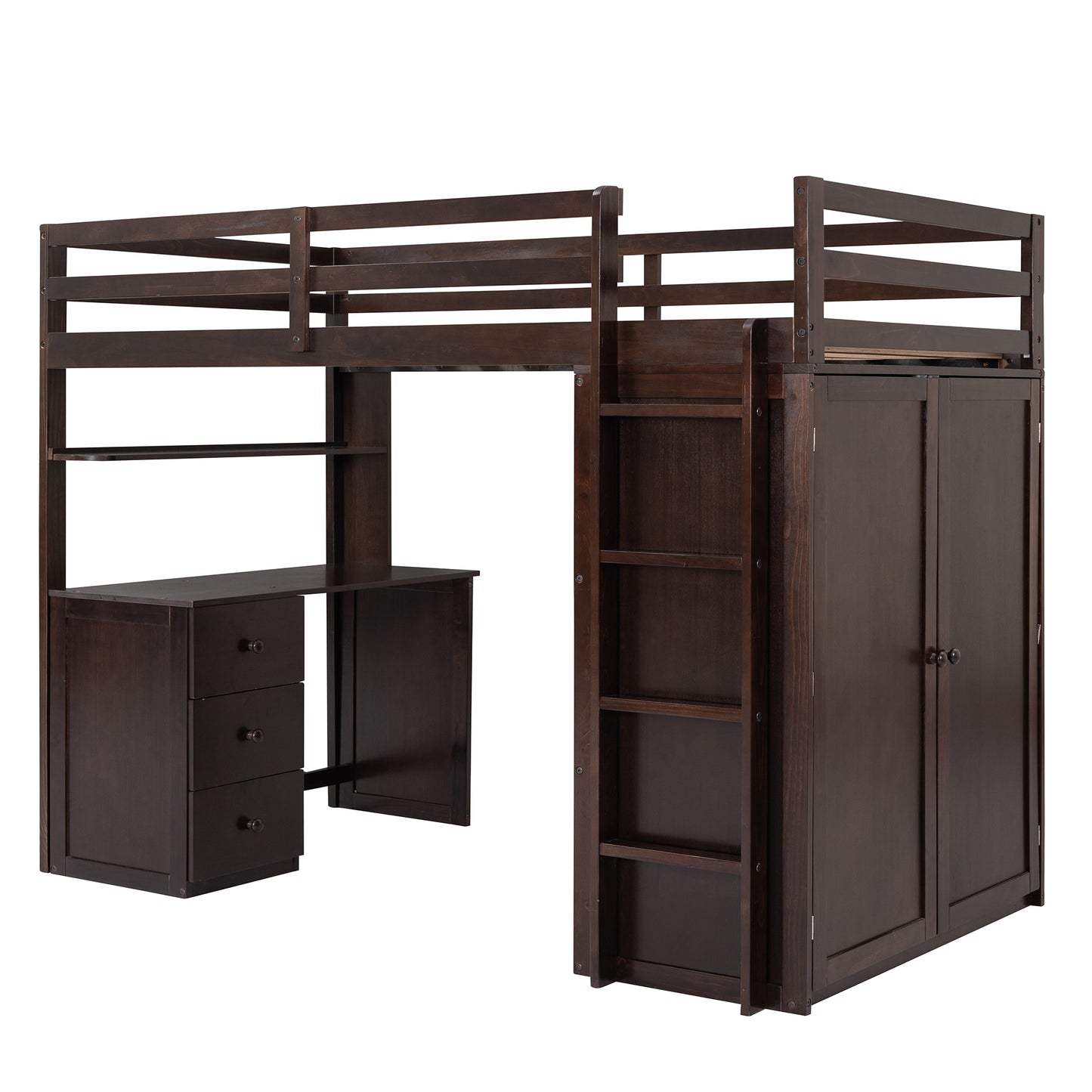 Dark brown wooden loft bed with integrated desk and wardrobe for kids