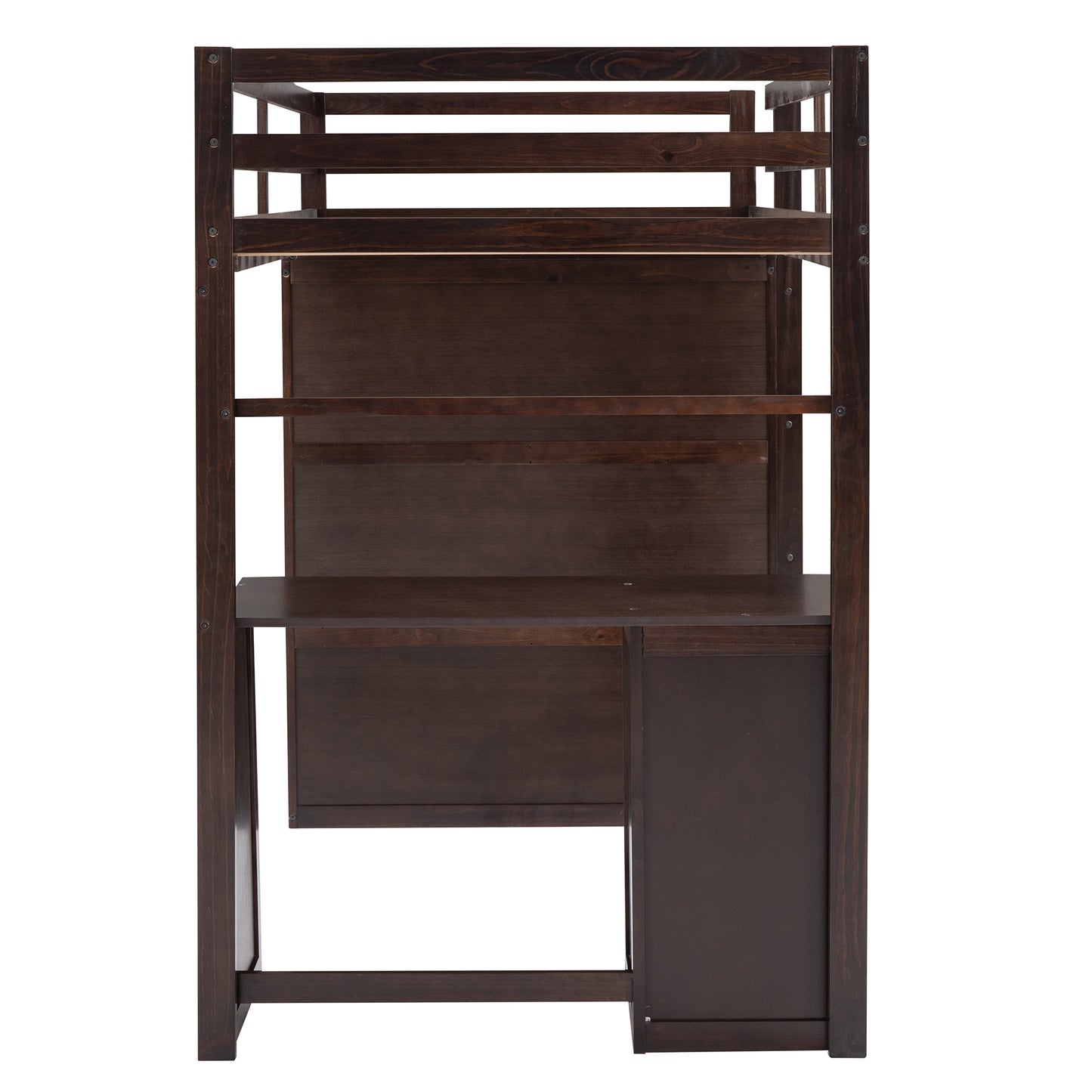 Dark brown wood loft bed with integrated desk and shelving