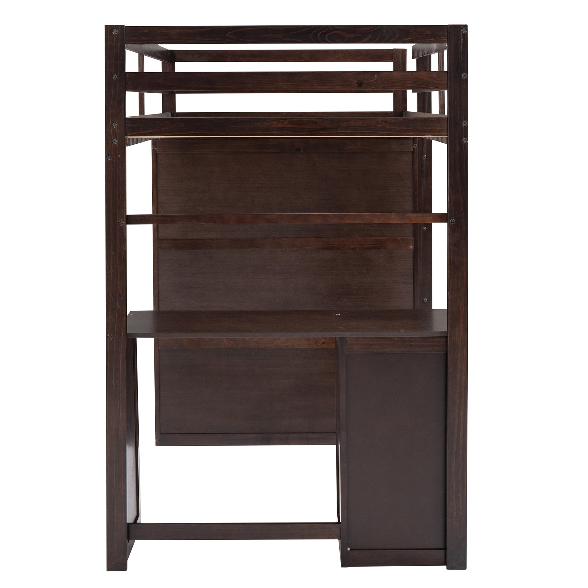 Dark brown wood loft bed with integrated desk and shelving