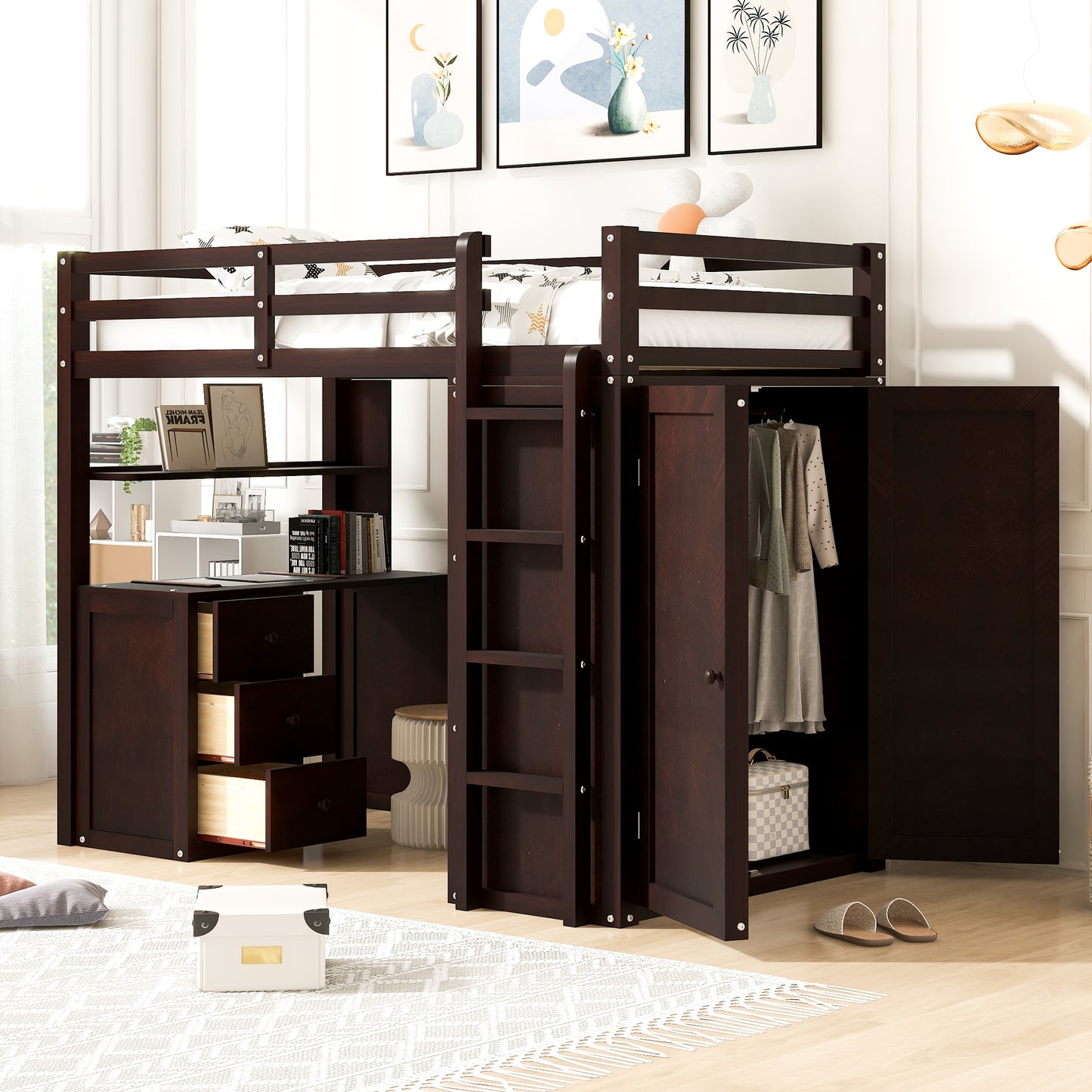 Dark wood loft bed with desk and wardrobe