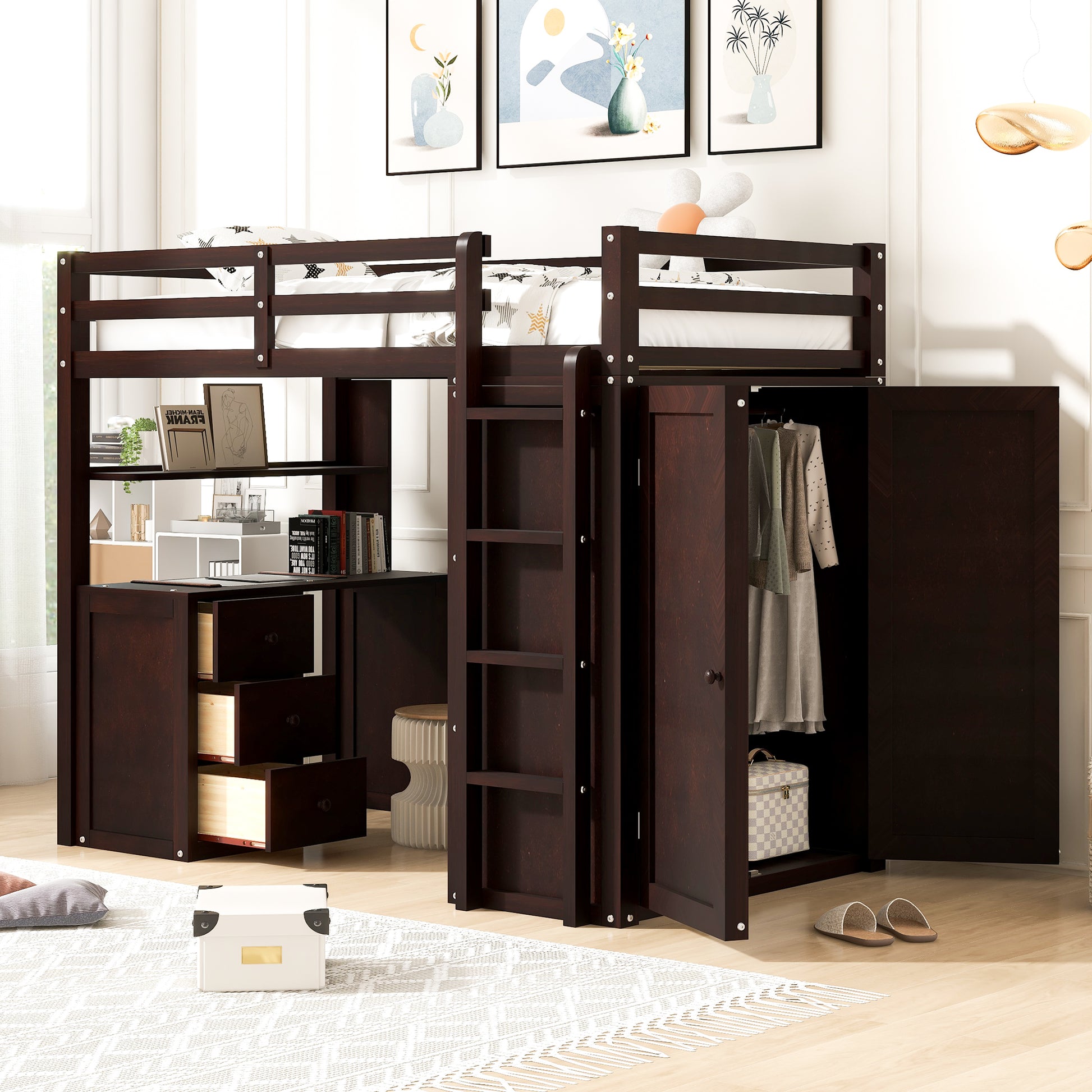 Dark wood loft bed with desk and wardrobe